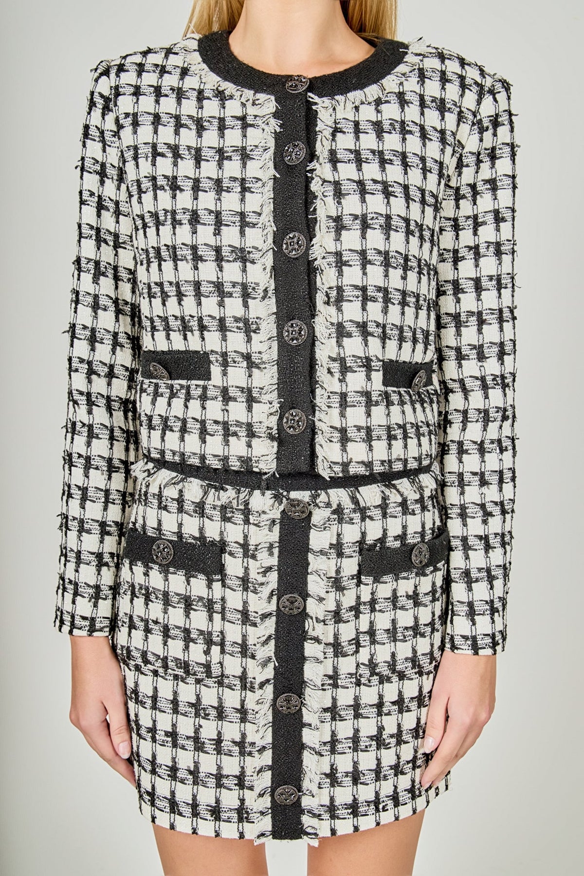 ENDLESS ROSE - Premium Cropped Tweed Jacket With Fringe - BLAZERS available at Objectrare