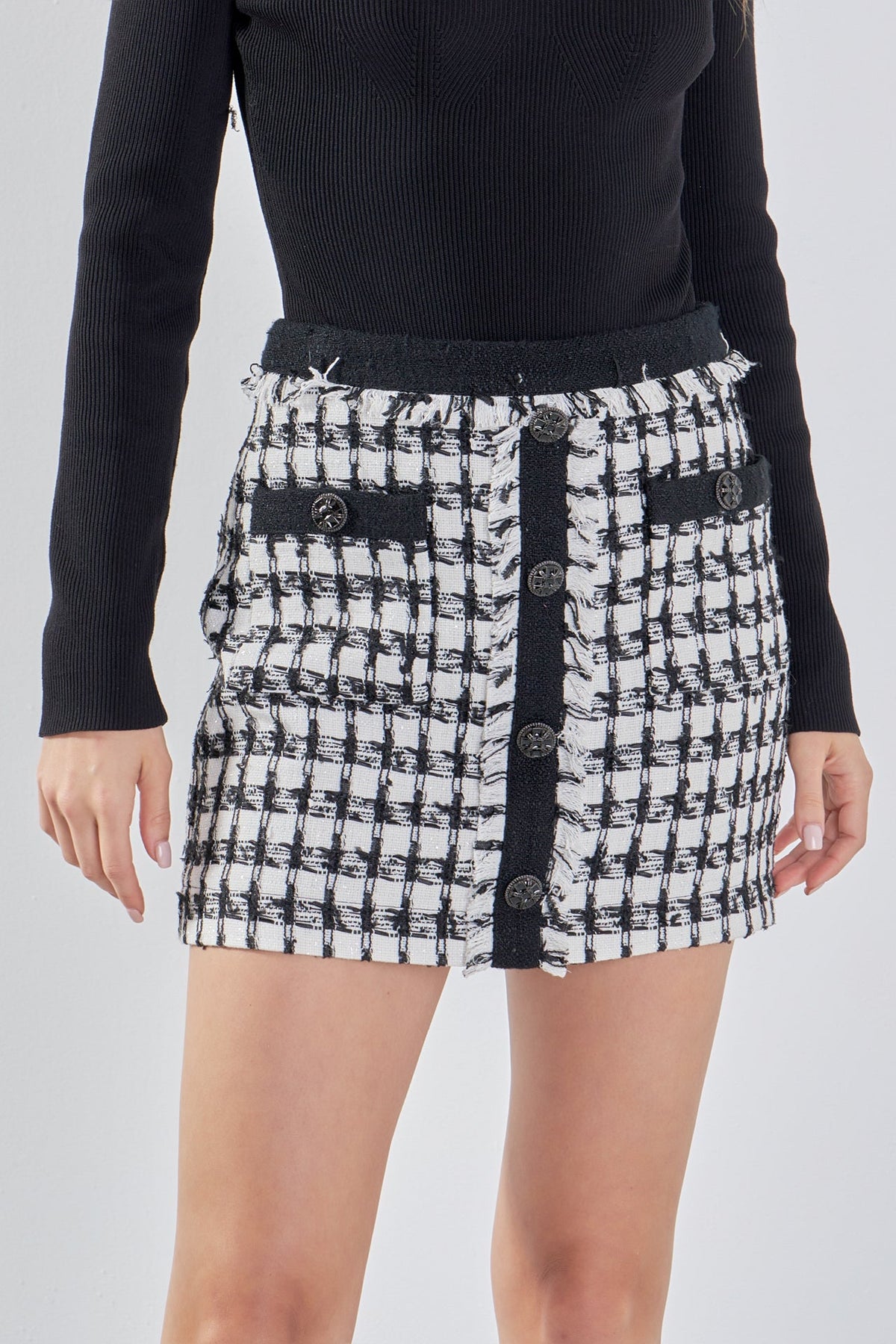 ENDLESS ROSE - Premium Tweed Mini Skirt With Fringe - SKIRTS available at Objectrare