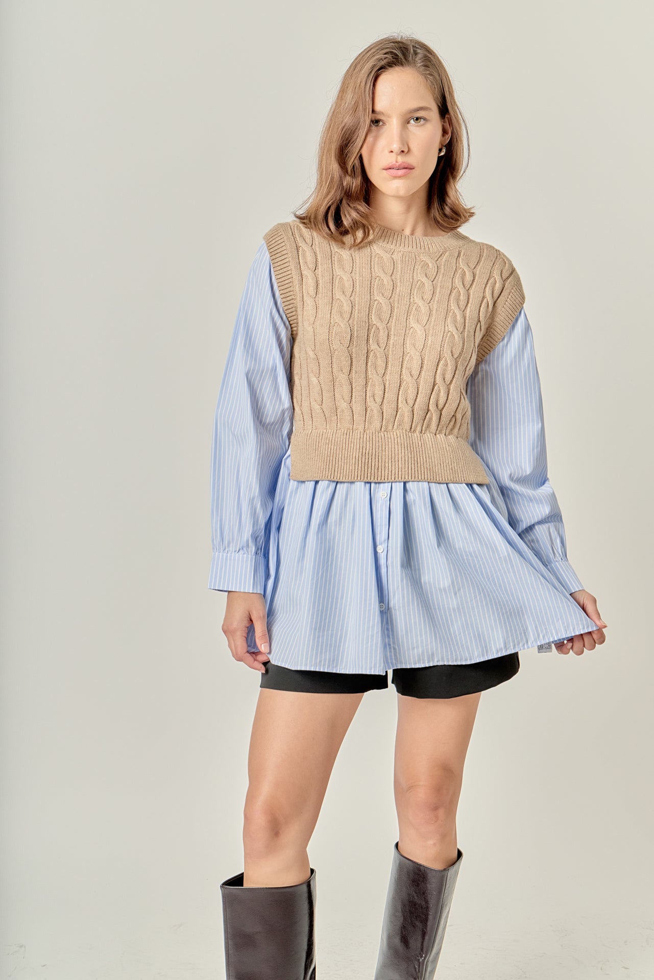 ENGLISH FACTORY - Cable Knit Long Striped Shirt - SWEATERS & KNITS available at Objectrare