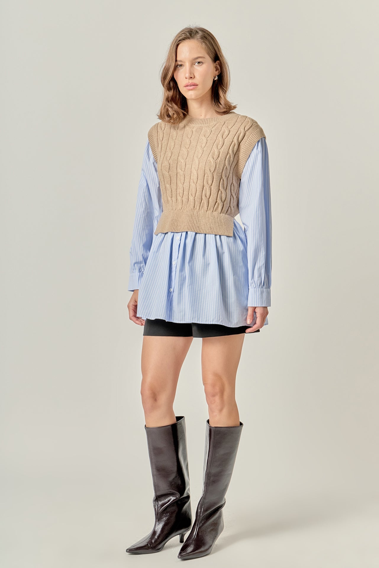 ENGLISH FACTORY - Cable Knit Long Striped Shirt - SWEATERS & KNITS available at Objectrare