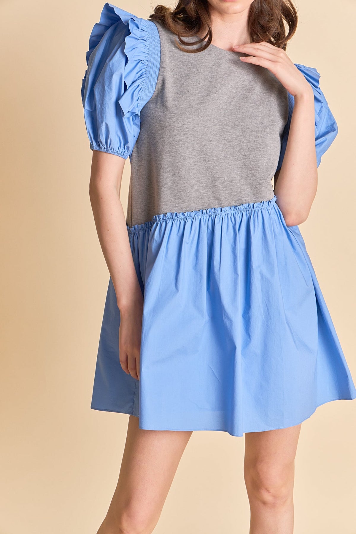 Mixed Media Puffy Short Sleeve Mini Dress