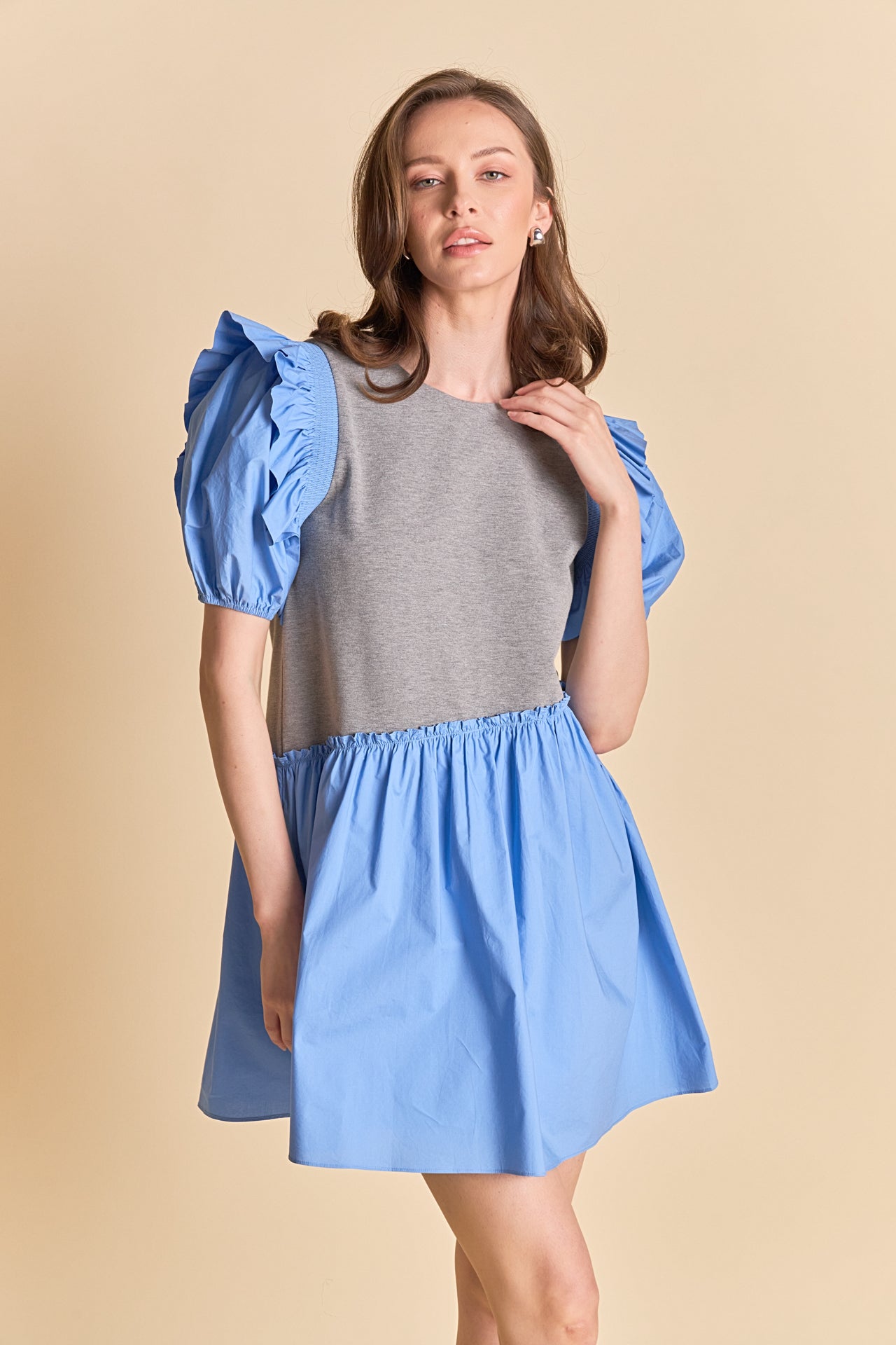 ENGLISH FACTORY - Mixed Media Puffy Short Sleeve Mini Dress - DRESSES available at Objectrare
