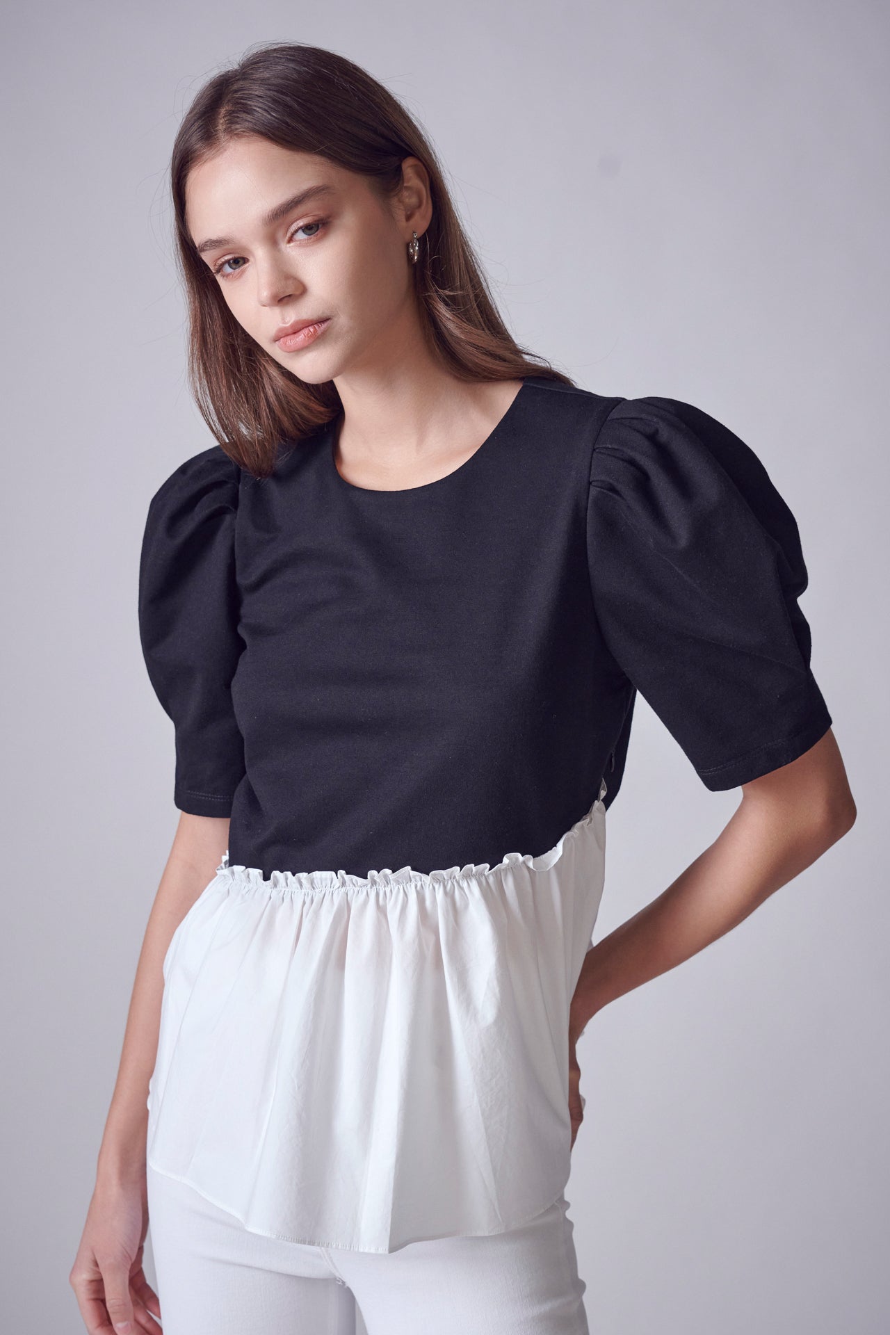 ENGLISH FACTORY - Mixed Media Peplum Contrast Top - TOPS available at Objectrare