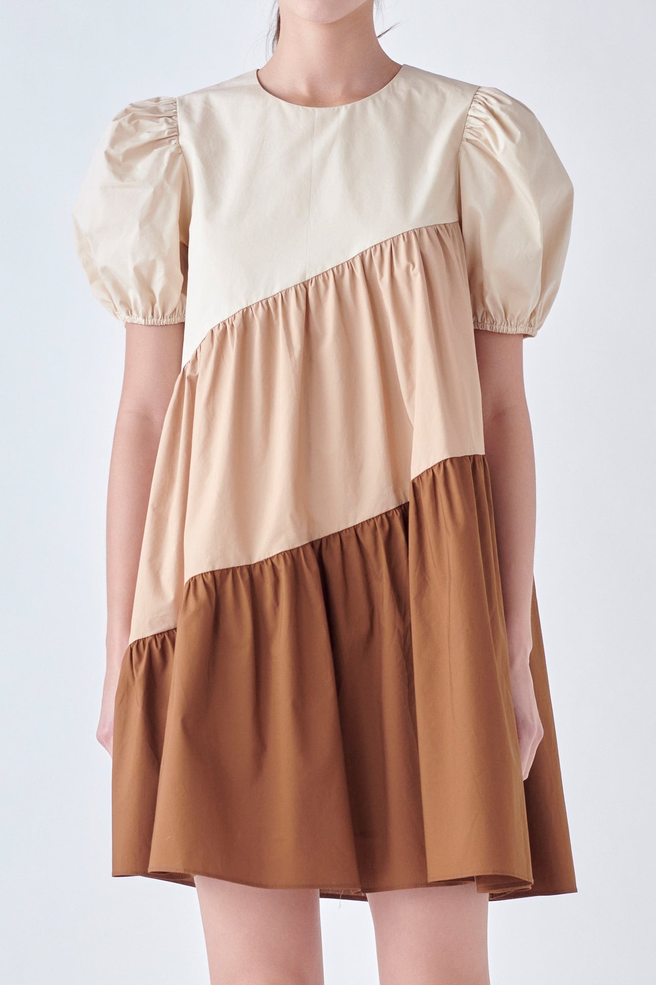 ENGLISH FACTORY - Asymmetrical Colorblock Puff Sleeve Dress - DRESSES available at Objectrare