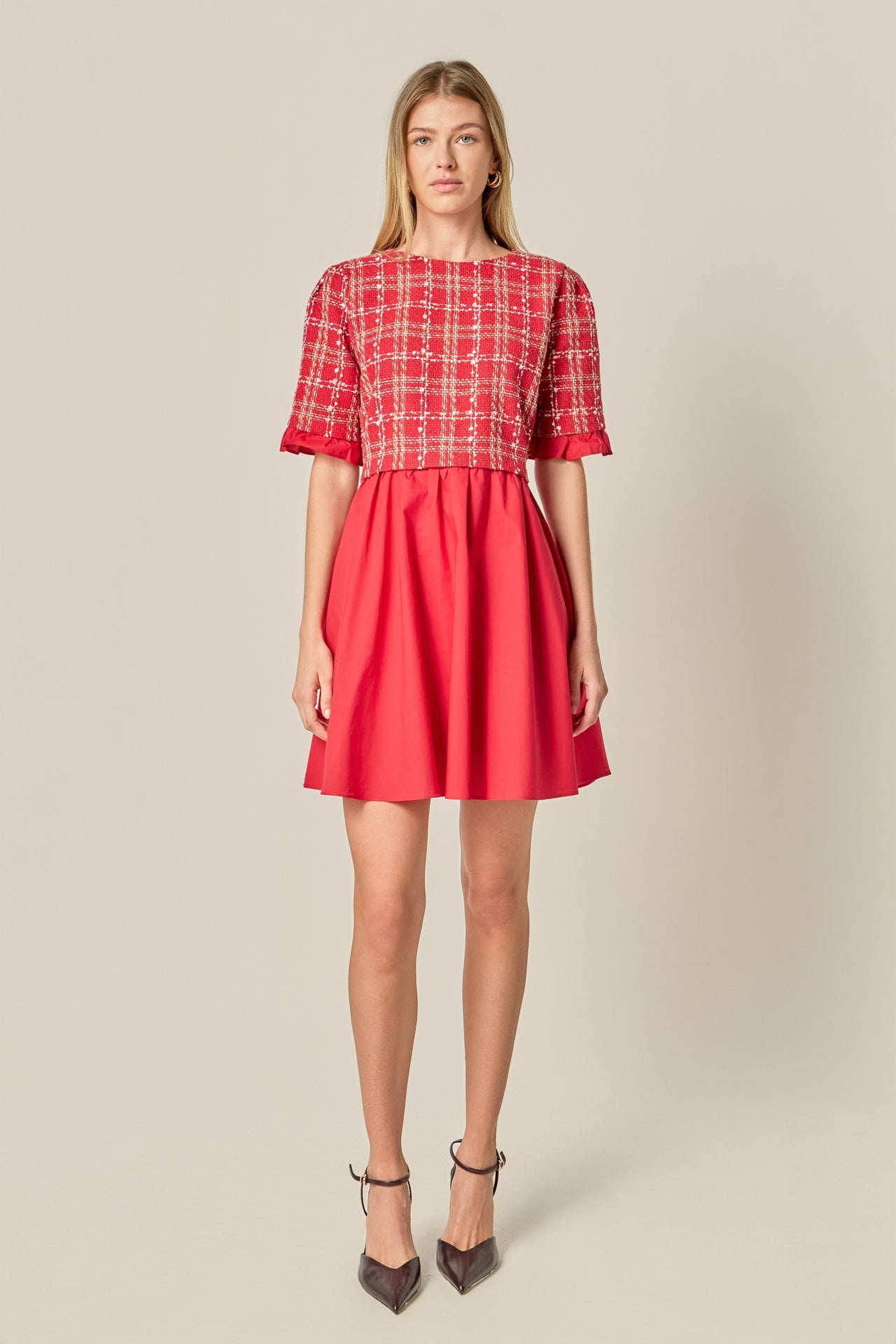 Mixed Media Tweed Mini Dress