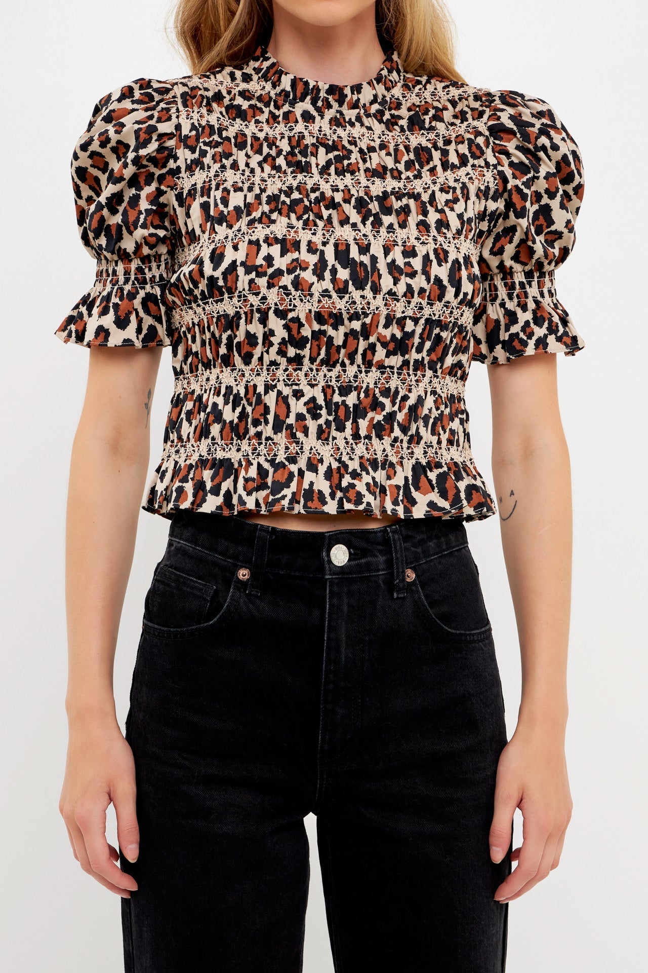 ENGLISH FACTORY - Leopard Print Puff Short Sleeve Top - TOPS available at Objectrare