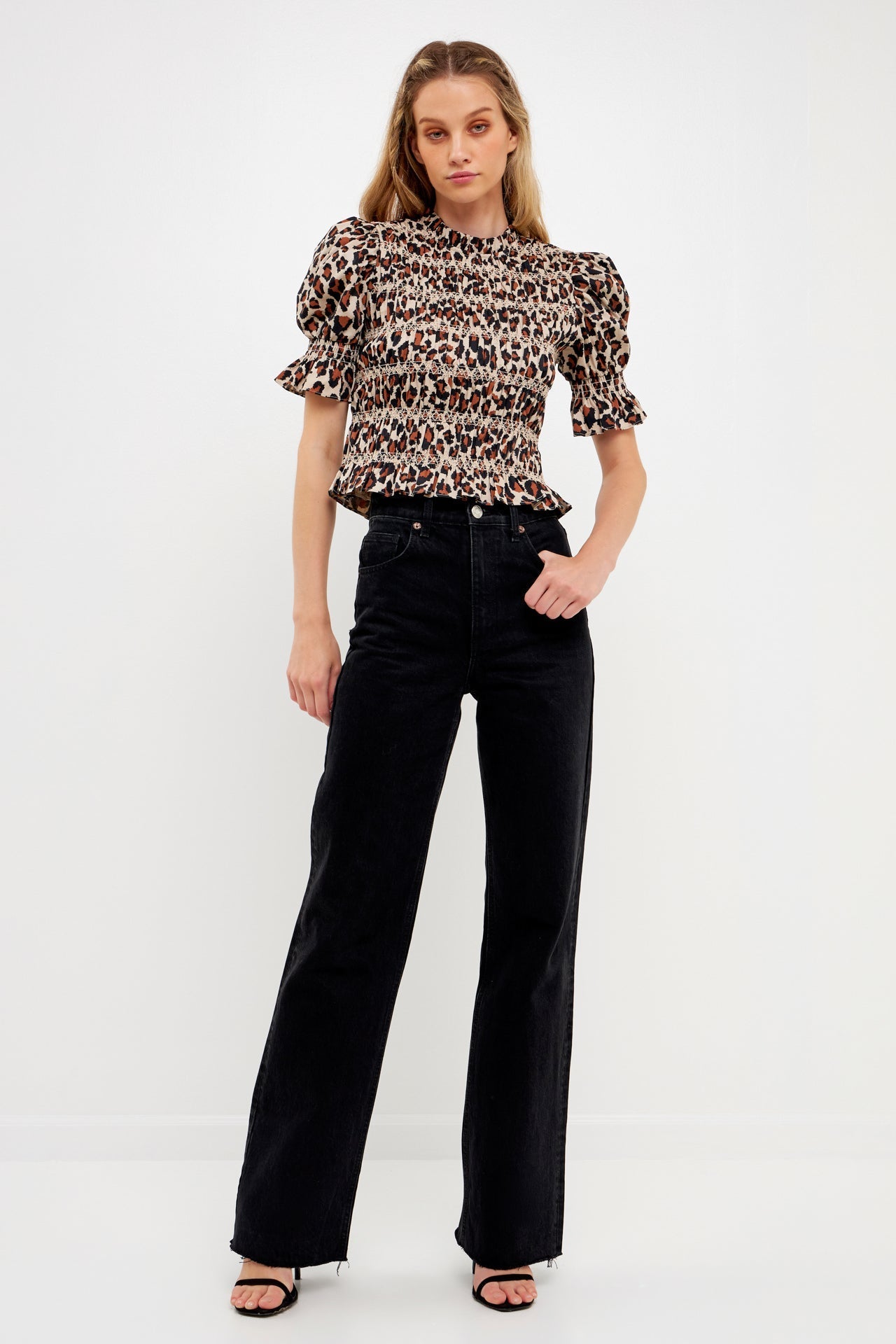 ENGLISH FACTORY - Leopard Print Puff Short Sleeve Top - TOPS available at Objectrare