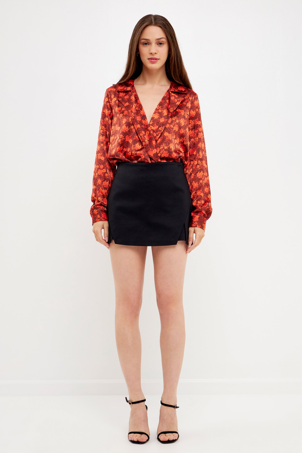 Floral Print Satin Wrap Blouse