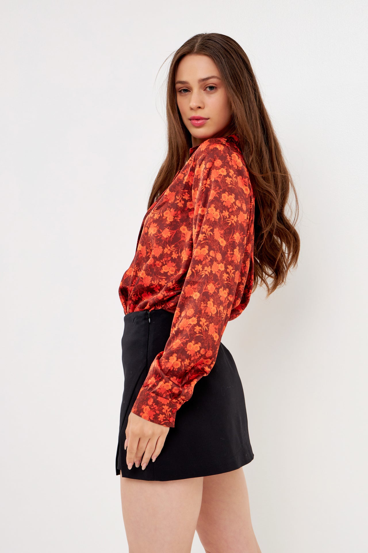 Floral Print Satin Wrap Blouse