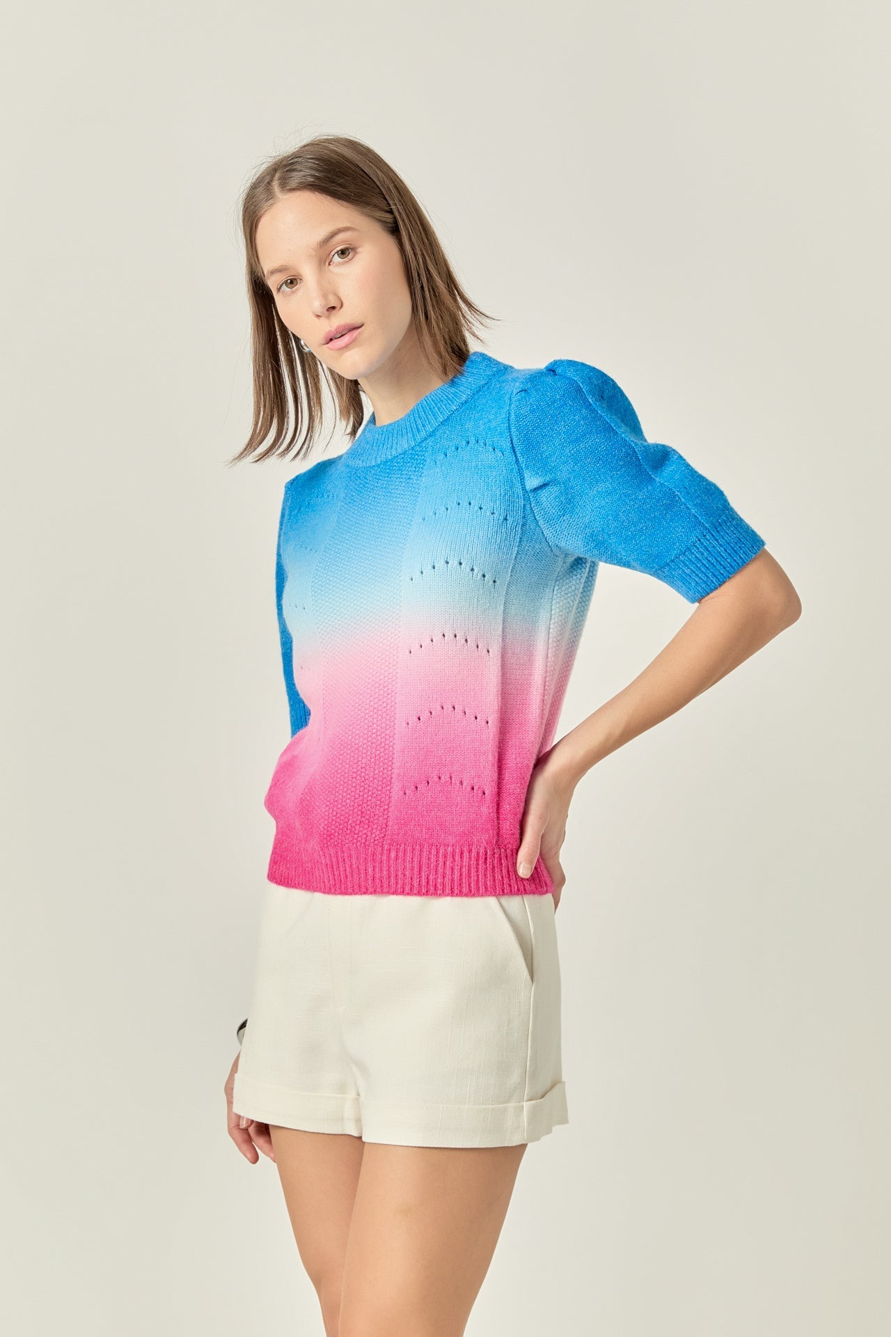 ENGLISH FACTORY - Puff Sleeve Ombre Sweater Top - TOPS available at Objectrare