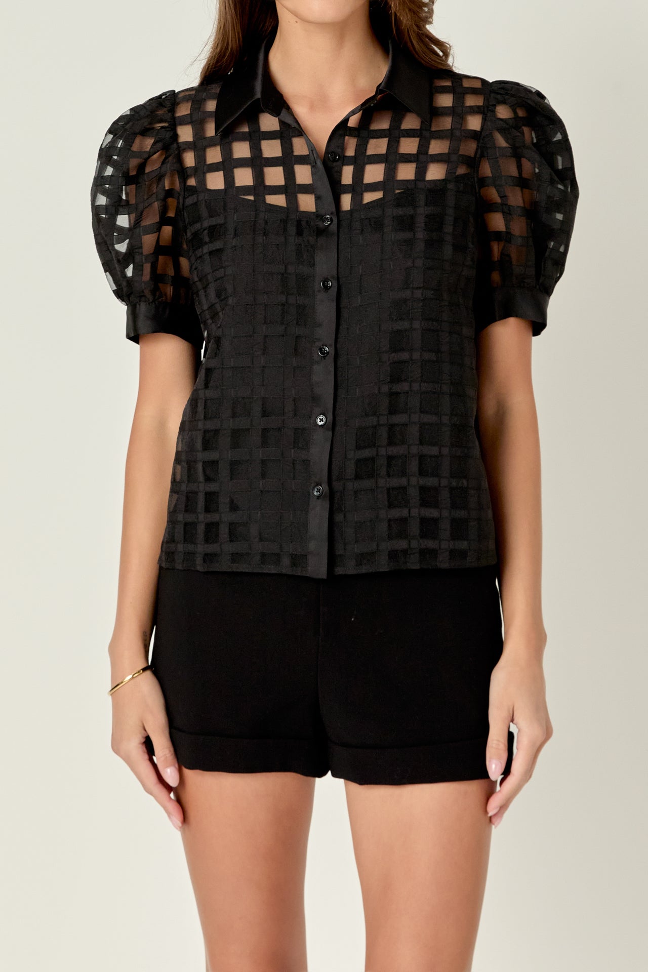 ENGLISH FACTORY - Short Sleeve Organza Grid Blouse - TOPS available at Objectrare