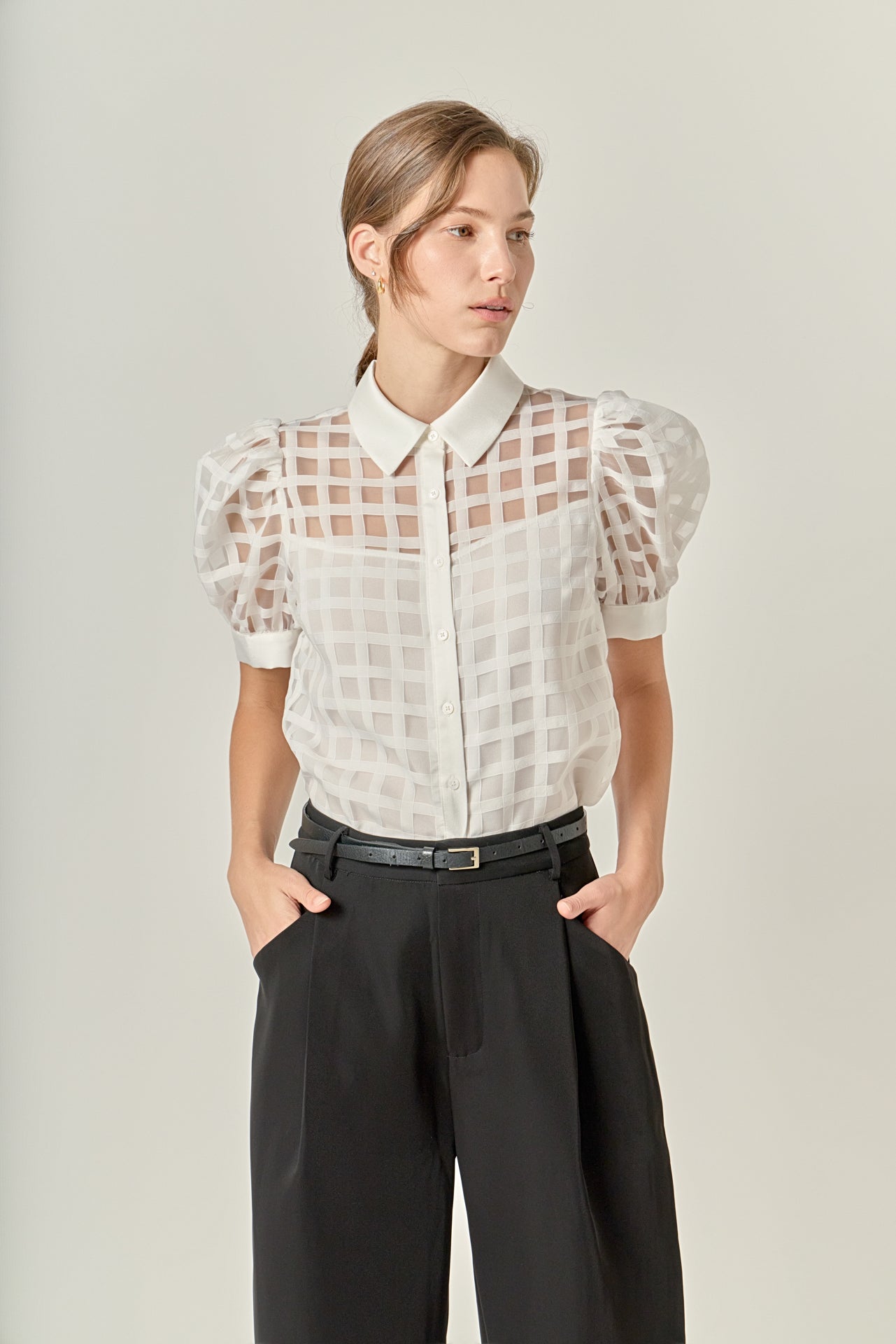 english factory organza short-sleeve button-front midi dress Short Sleeve Organza Grid Blouse
