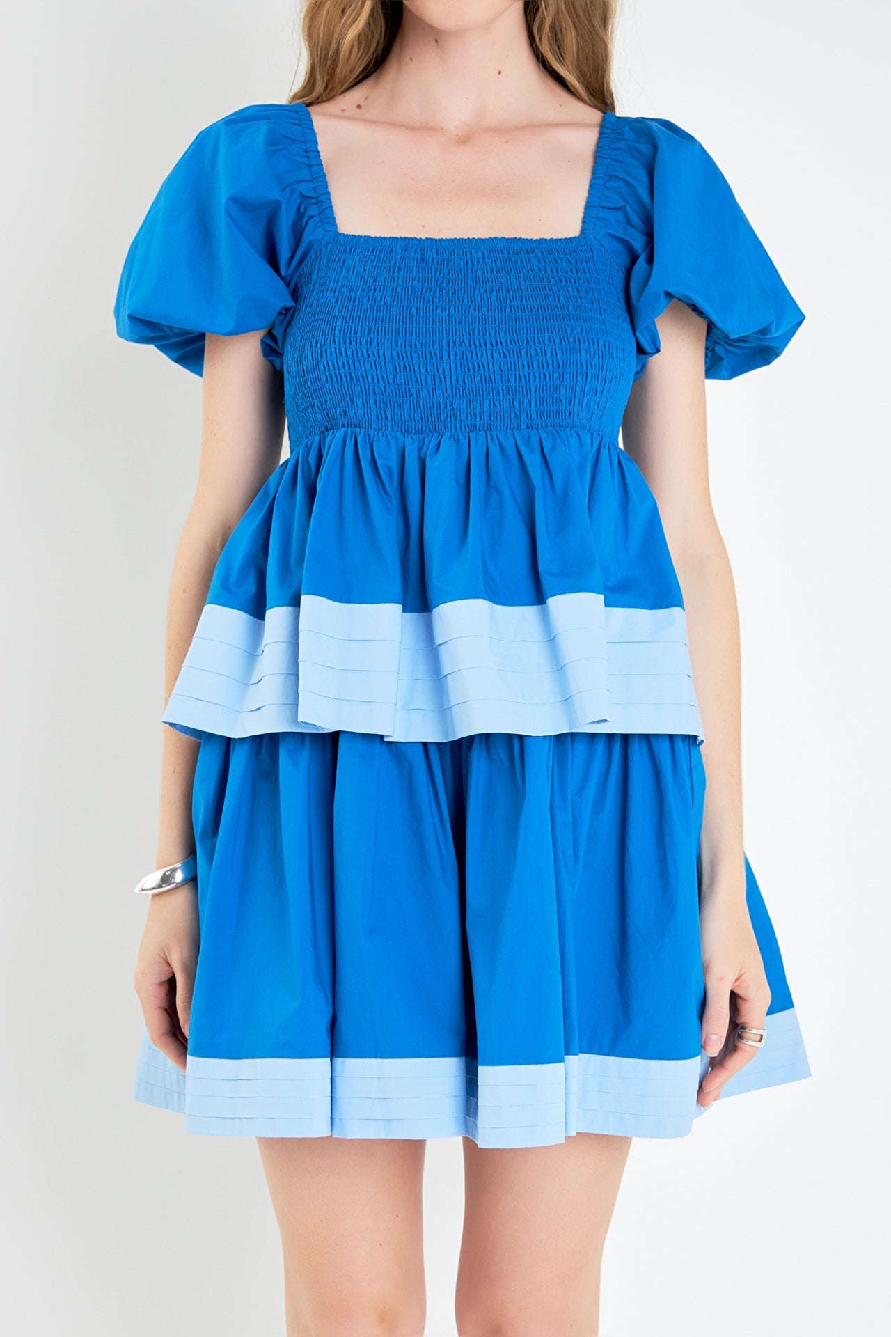 ENGLISH FACTORY - Colorblock Smocked Tiered Mini Dress - DRESSES available at Objectrare