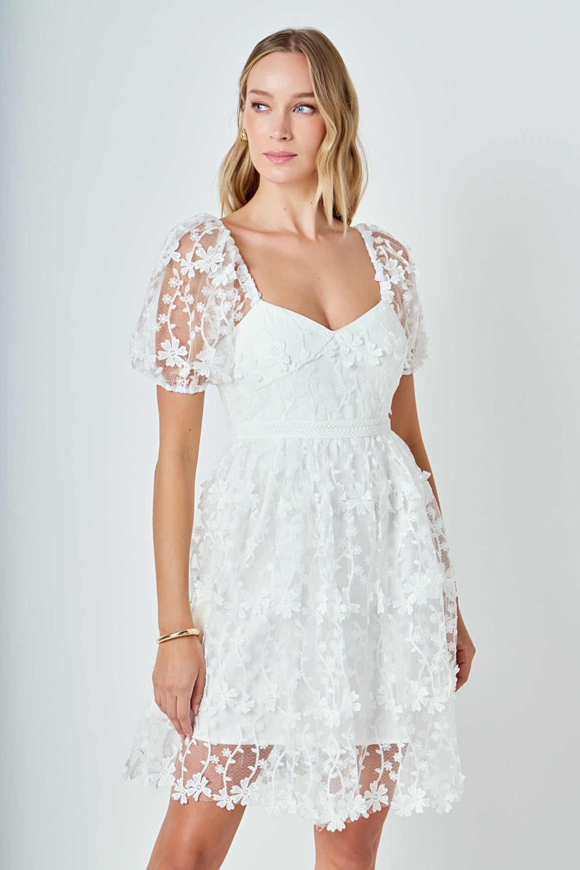ENDLESS ROSE - Crochet Lace Bustier Puff Mini Dress - DRESSES available at Objectrare