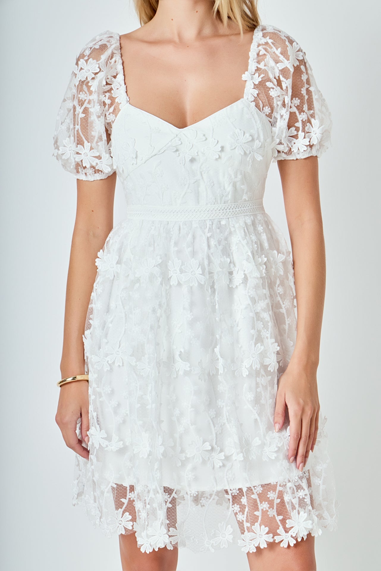 ENDLESS ROSE - Crochet Lace Bustier Puff Mini Dress - DRESSES available at Objectrare