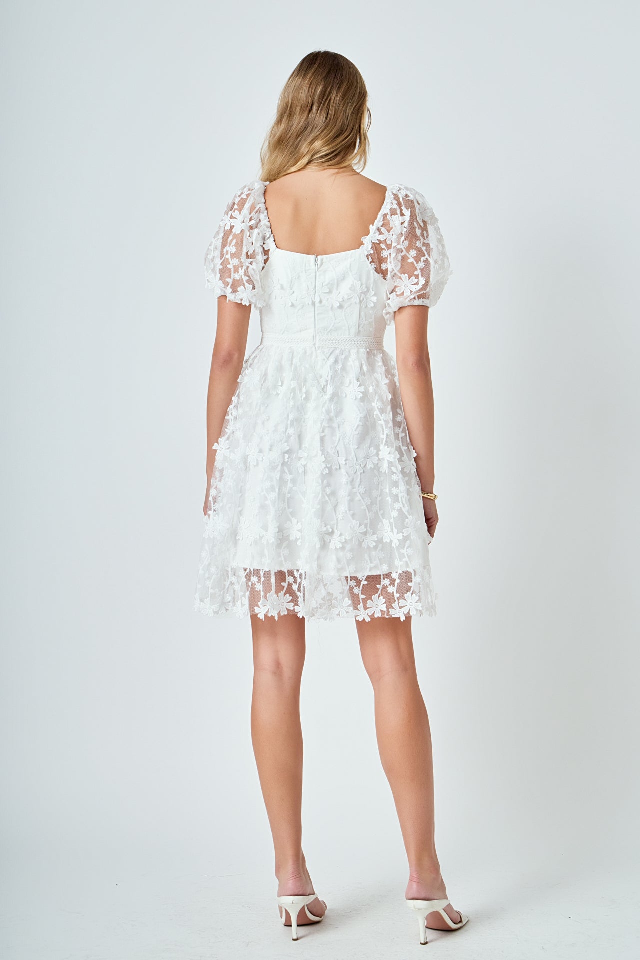 ENDLESS ROSE - Crochet Lace Bustier Puff Mini Dress - DRESSES available at Objectrare