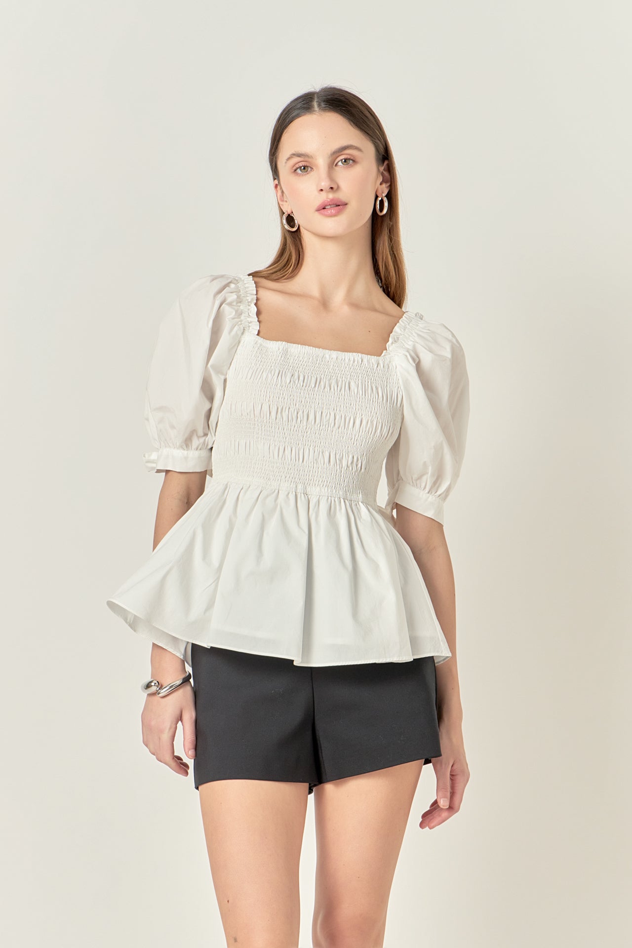 ENGLISH FACTORY - Bow Puff Sleeve Peplum Top - TOPS available at Objectrare