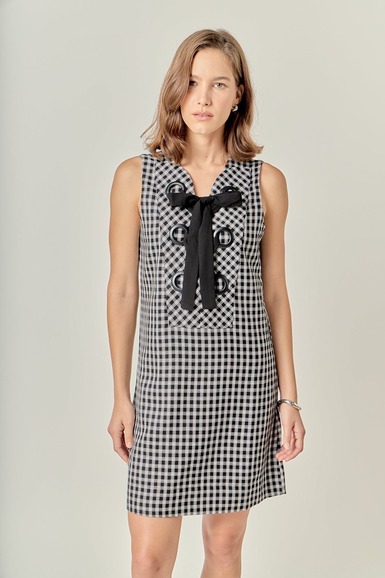 Check Sleeveless Grommet Mini Dress