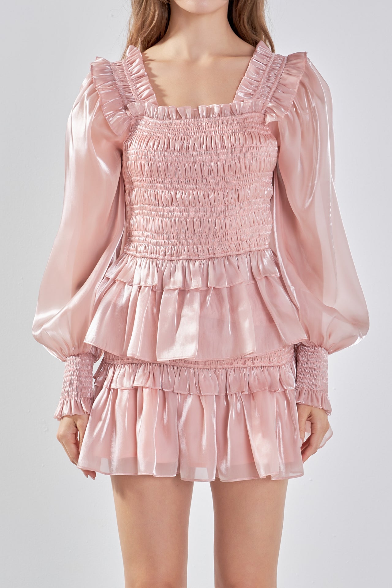 ENDLESS ROSE - Sheen Smocked Long Sleeve Mini Dress - DRESSES available at Objectrare