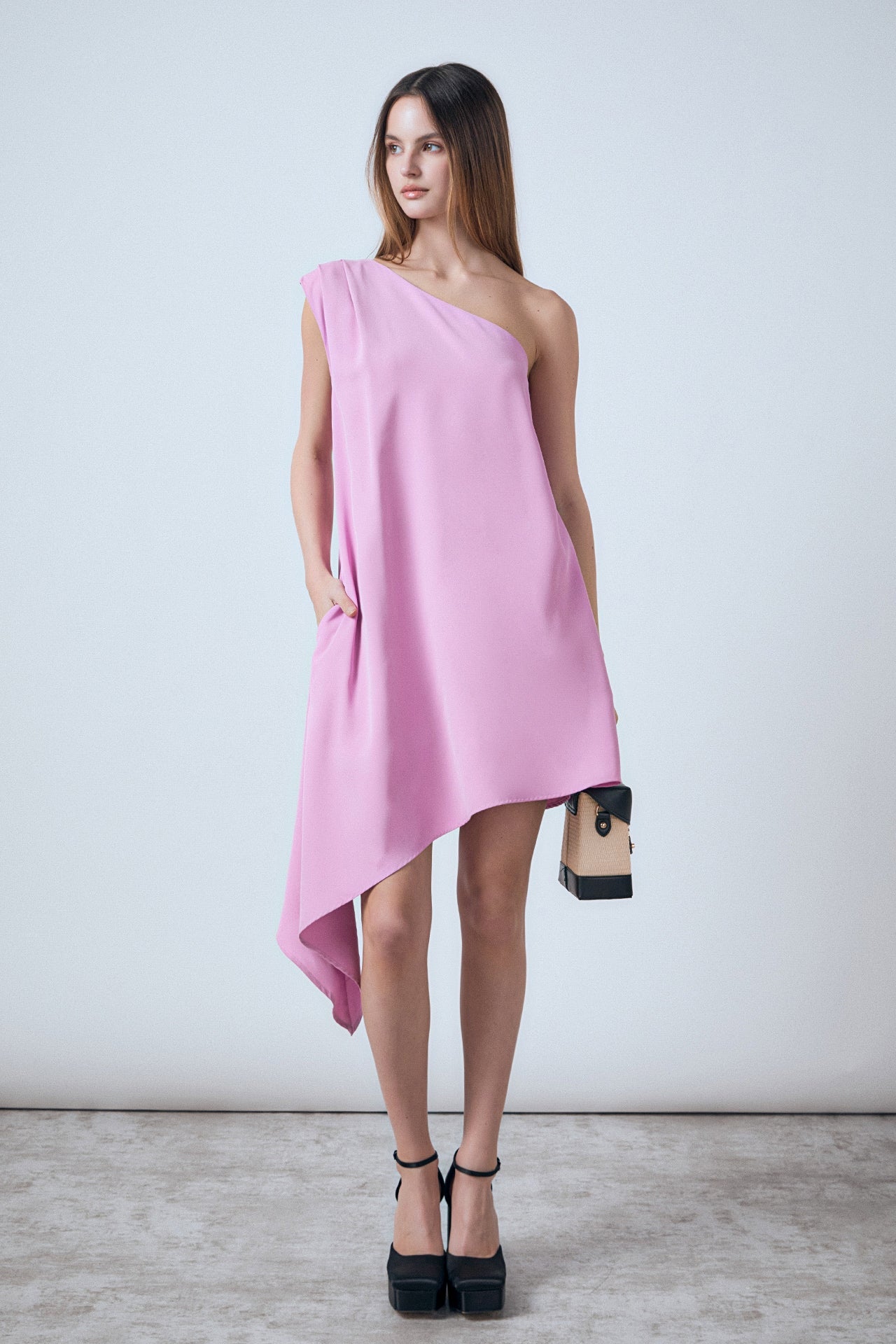 Shoulder Pintucked Asymmetrical Mini Dress