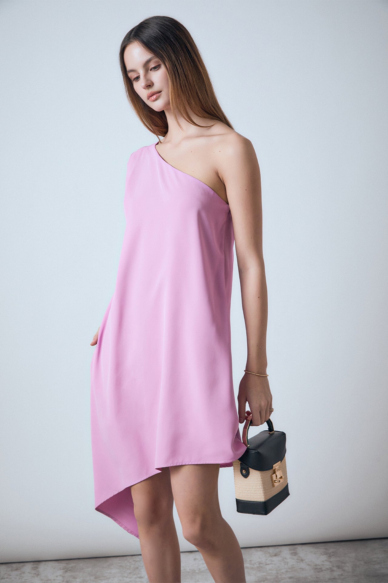 Shoulder Pintucked Asymmetrical Mini Dress