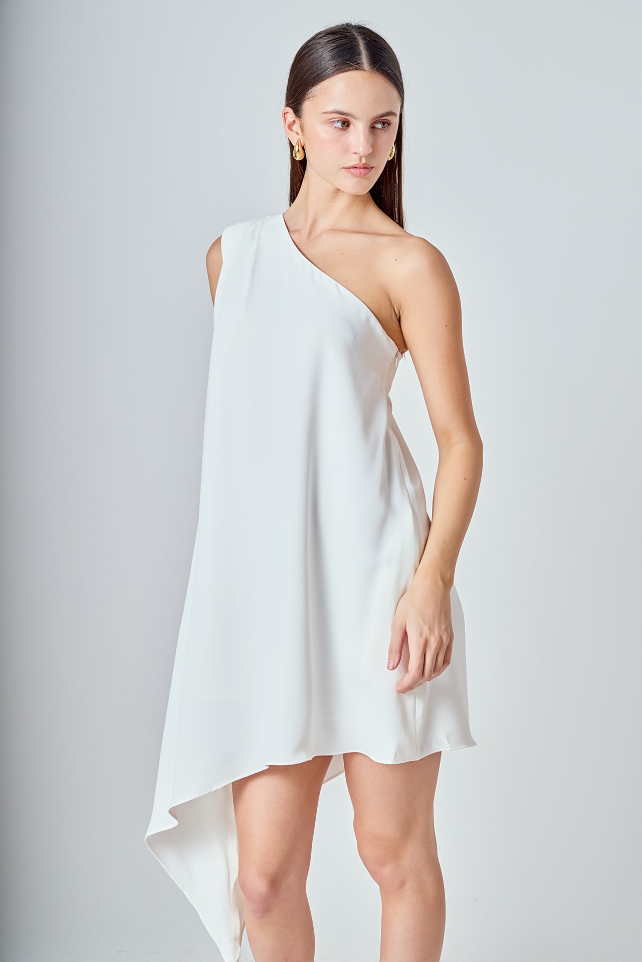 Shoulder Pintucked Asymmetrical Mini Dress