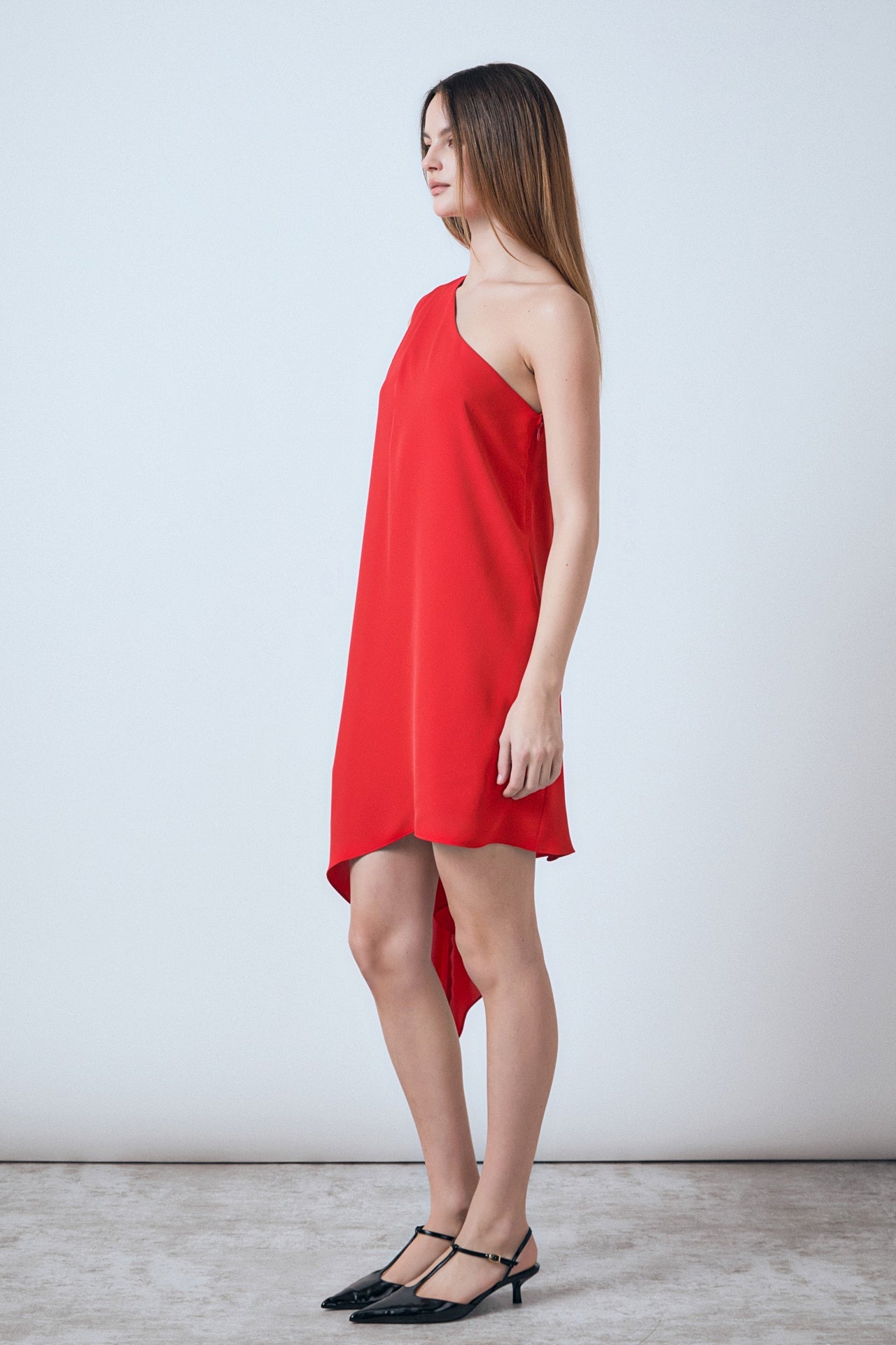 Shoulder Pintucked Asymmetrical Mini Dress