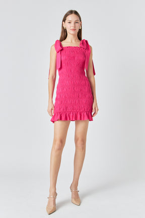 ENDLESS ROSE - Bow Shoulder Tie Smocked Mini Dress - DRESSES available at Objectrare