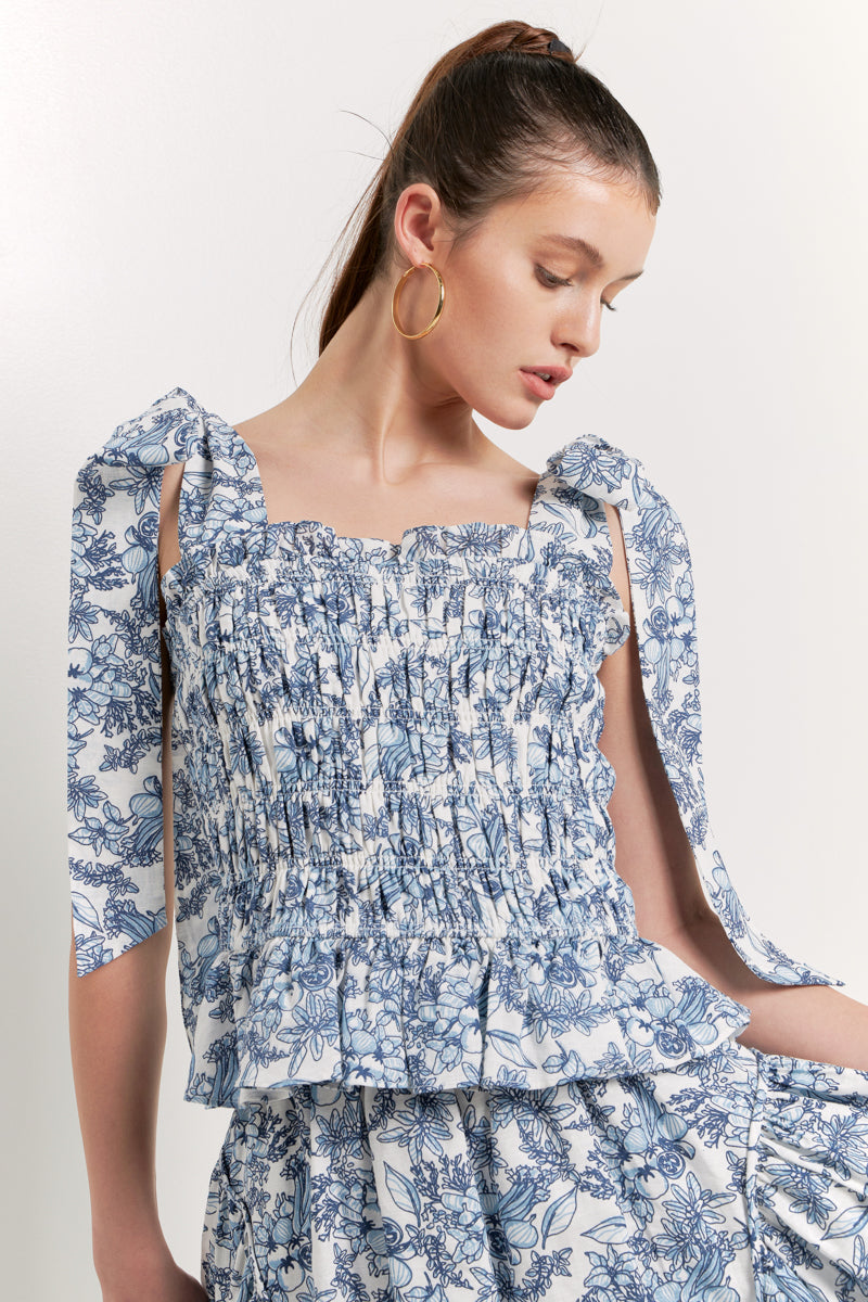 ENDLESS ROSE - Print Smocked Bow Tie Top - TOPS available at Objectrare