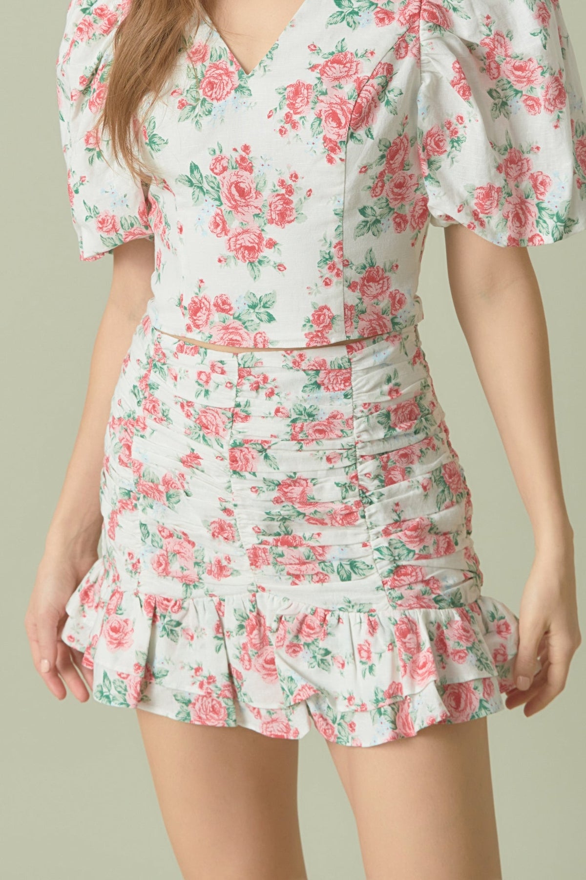 ENDLESS ROSE - Floral Linen Ruffled Mini Skirt - SKIRTS available at Objectrare