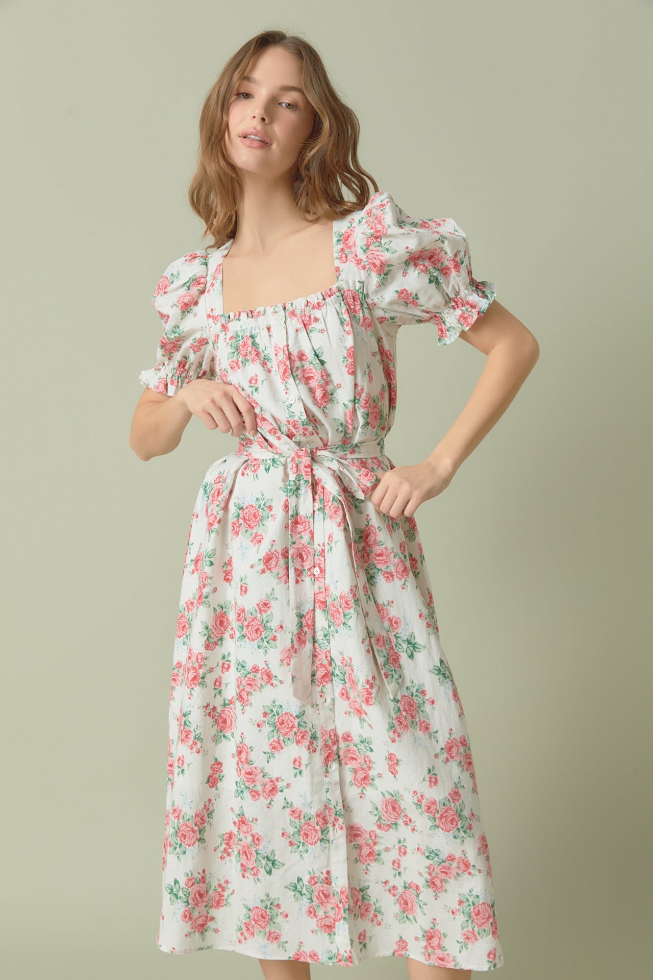ENDLESS ROSE - Floral Print Linen Midi Dress - DRESSES available at Objectrare