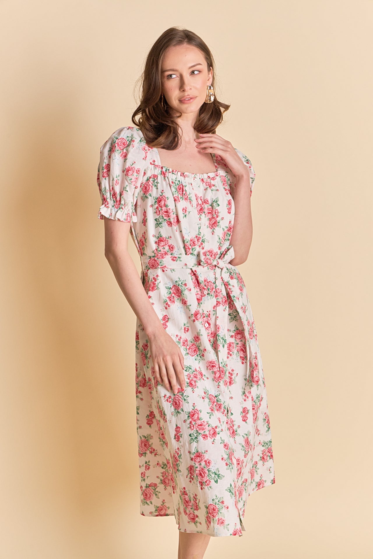 ENDLESS ROSE - Floral Print Linen Midi Dress - DRESSES available at Objectrare