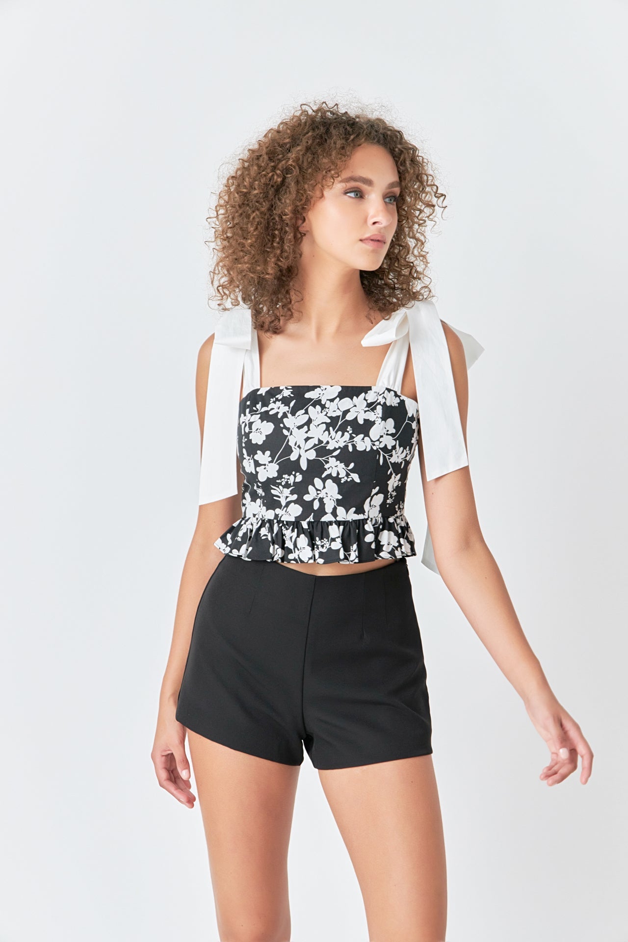 ENDLESS ROSE - Contrast Bow Strap Printed Top - TOPS available at Objectrare