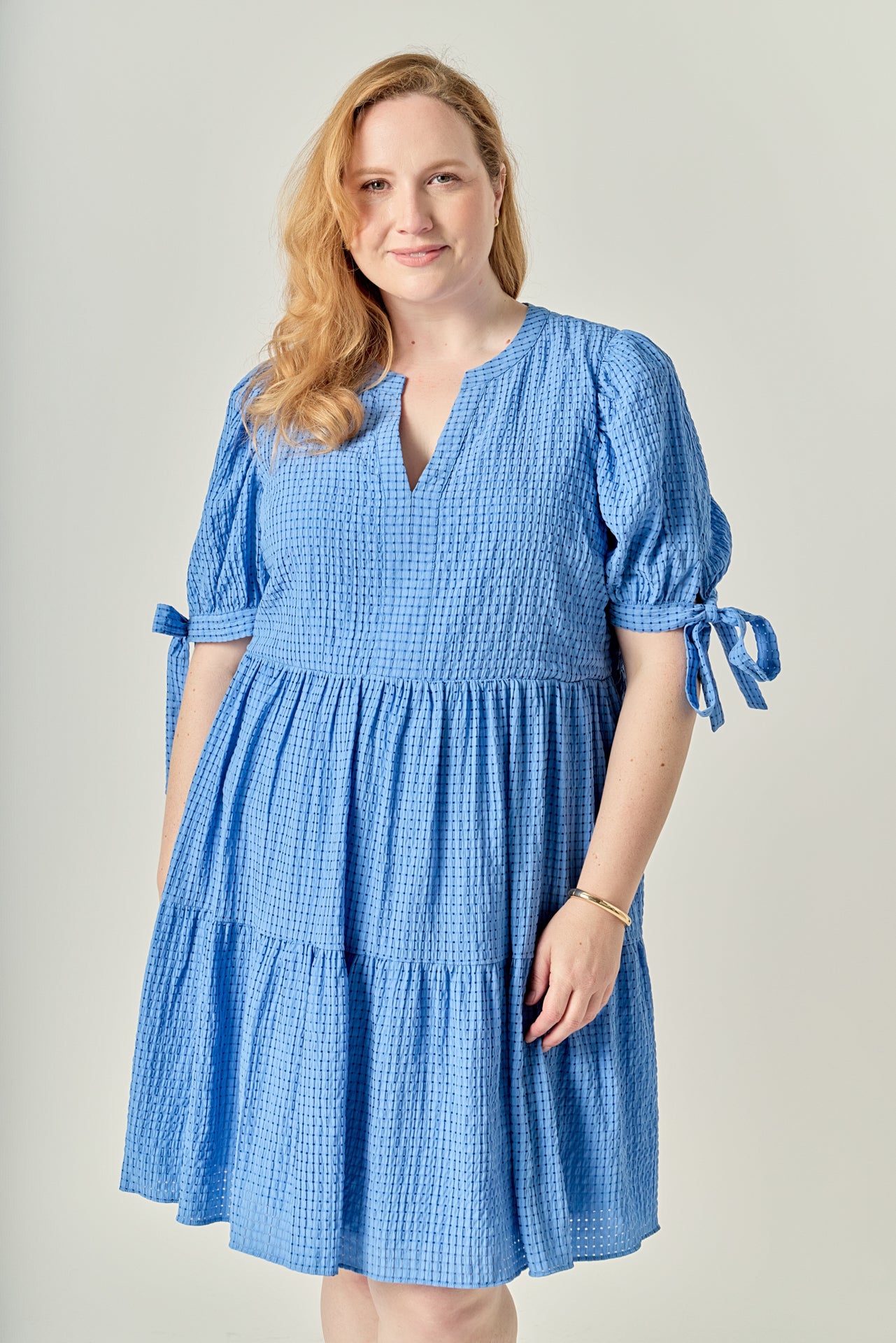 English Factory Plus Size Gingham Tiered Mini Dress - Blue English Factory Plus Size Gingham Tiered Mini Dress - Blue