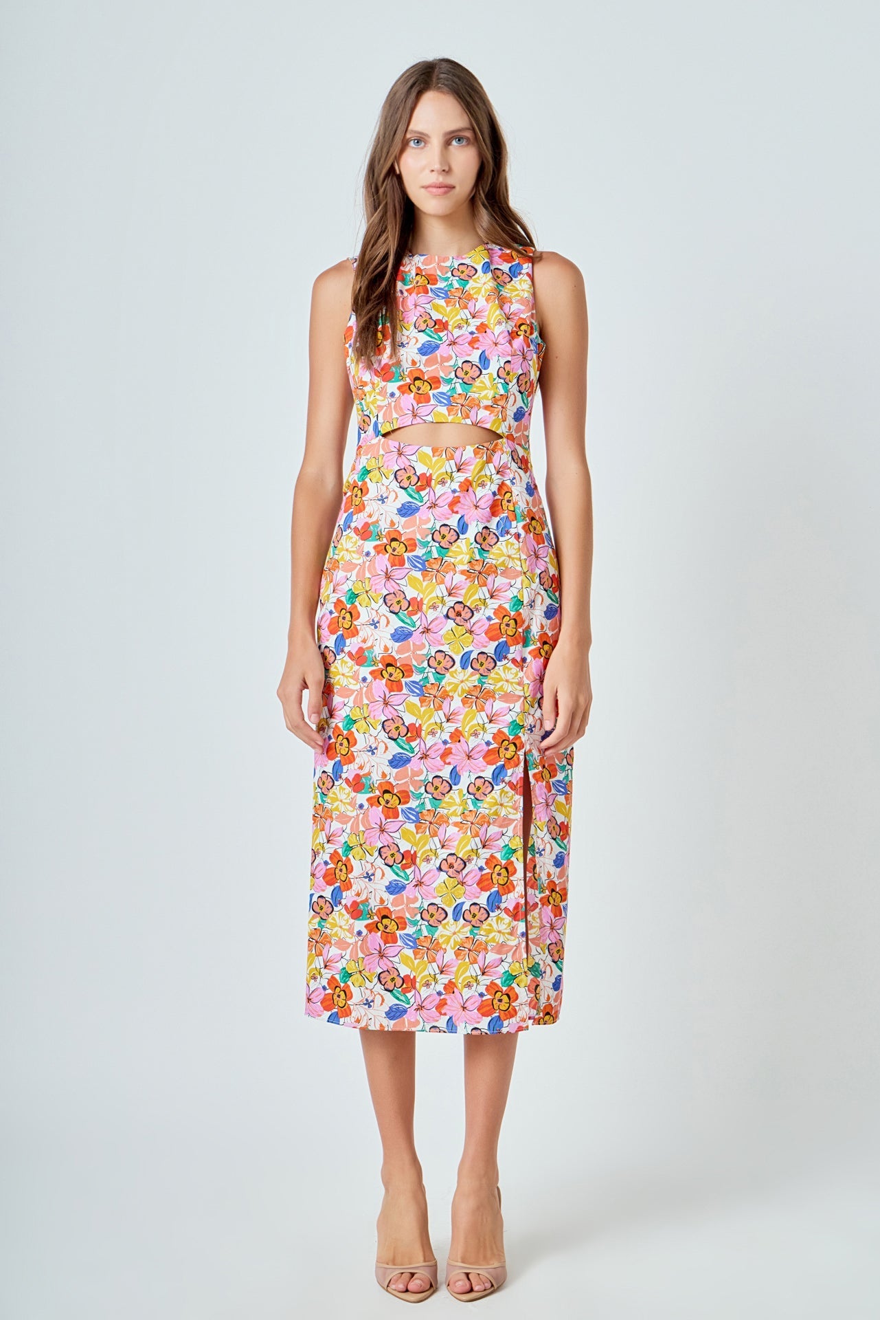 Cotton Floral Print Cutout Maxi Dress