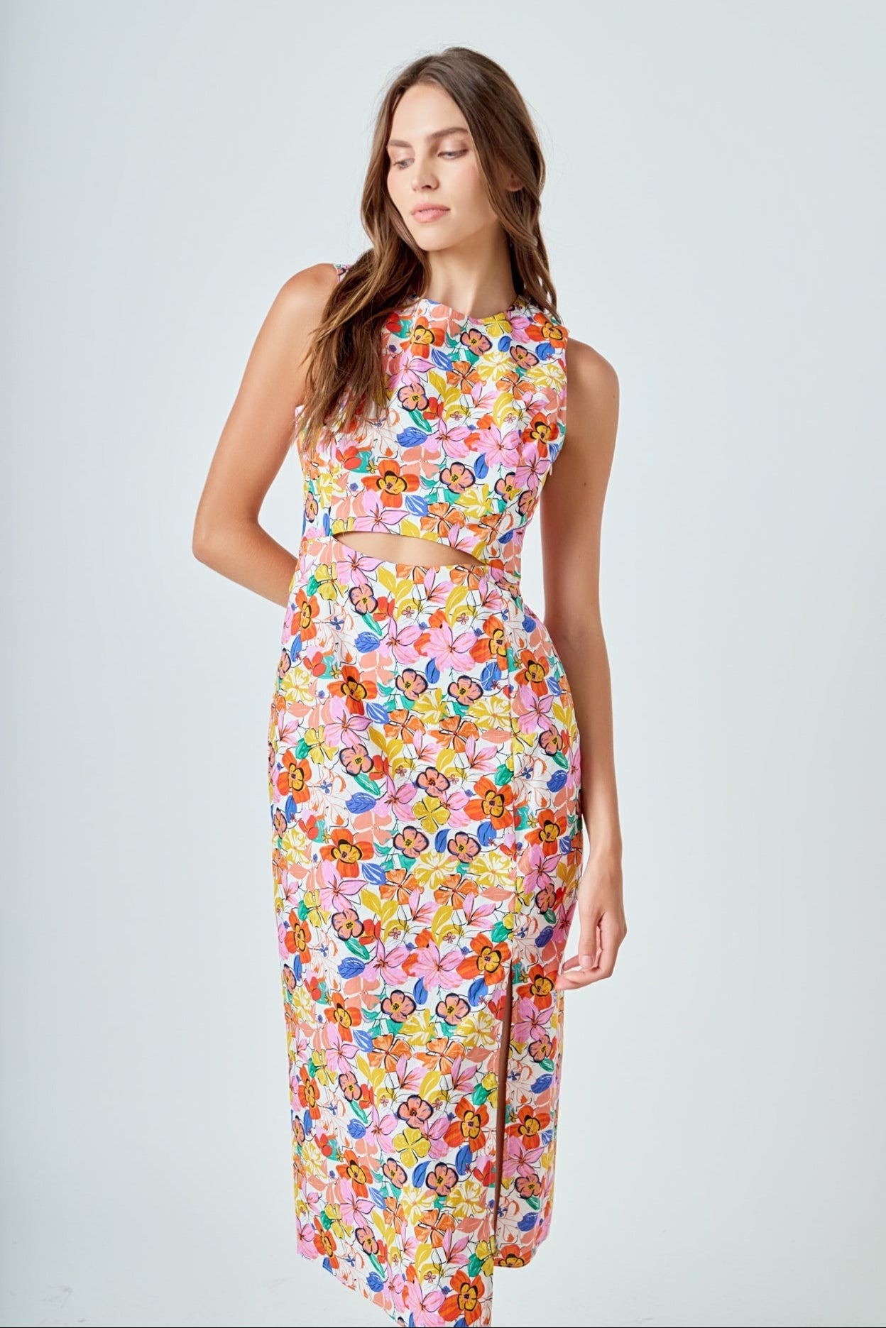 Cotton Floral Print Cutout Maxi Dress
