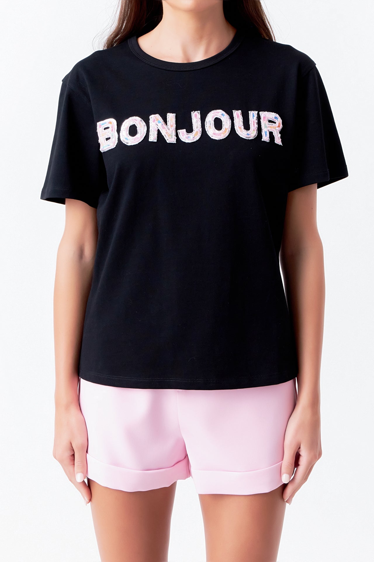 Bonjour Sequins Embroidered Patch Top