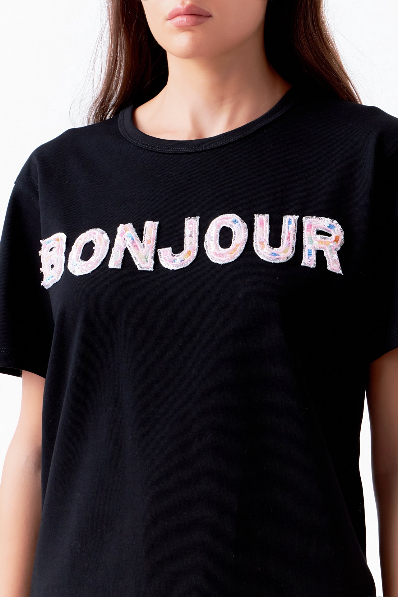 Bonjour Sequins Embroidered Patch Top