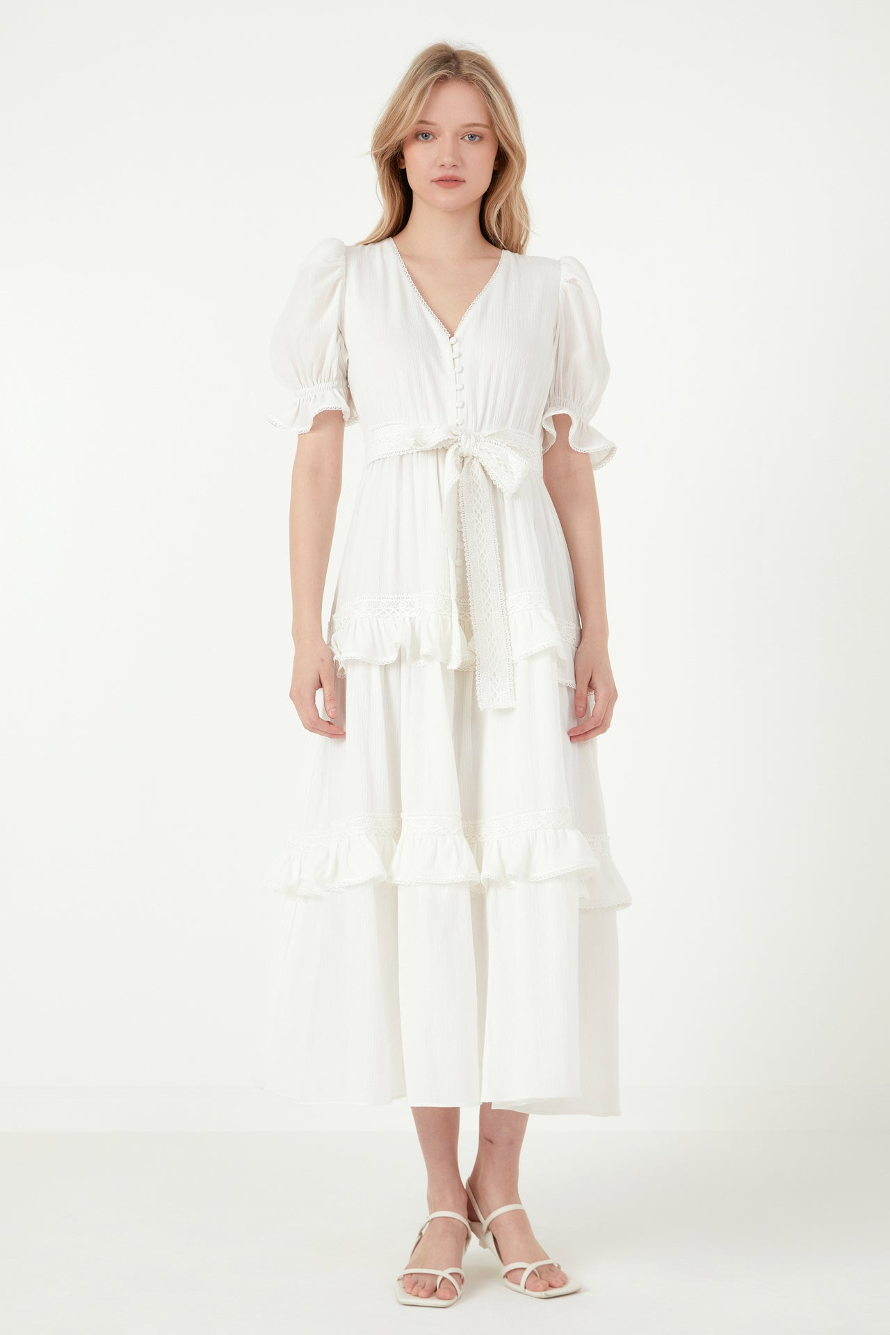 Free The Roses - Ruffled Lace Trim Duster Maxi Dress White / S Free The Roses - Ruffled Lace Trim Duster Maxi Dress White / S