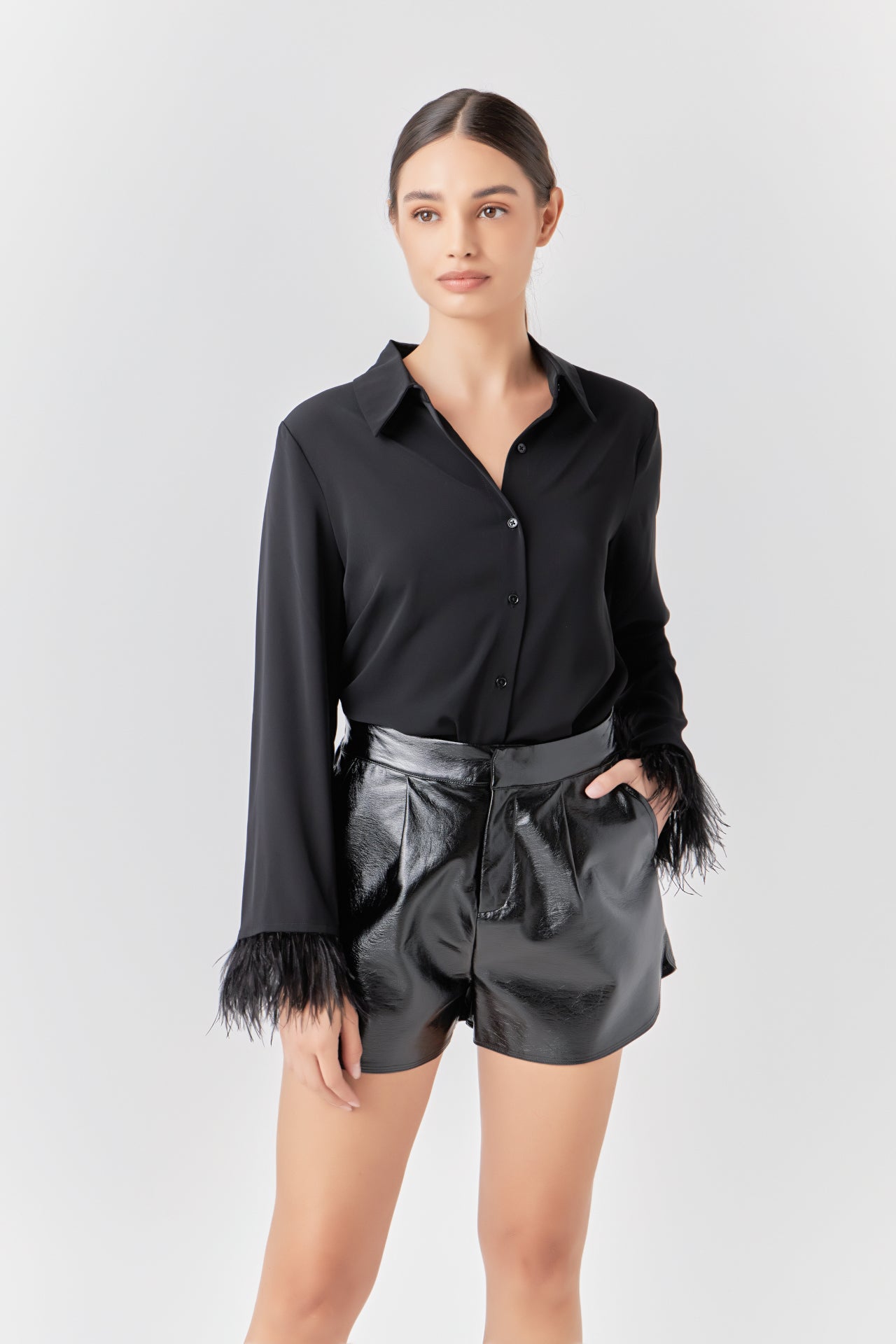 ENDLESS ROSE - Feather Trimmed Fitted Blouse Top - TOPS available at Objectrare