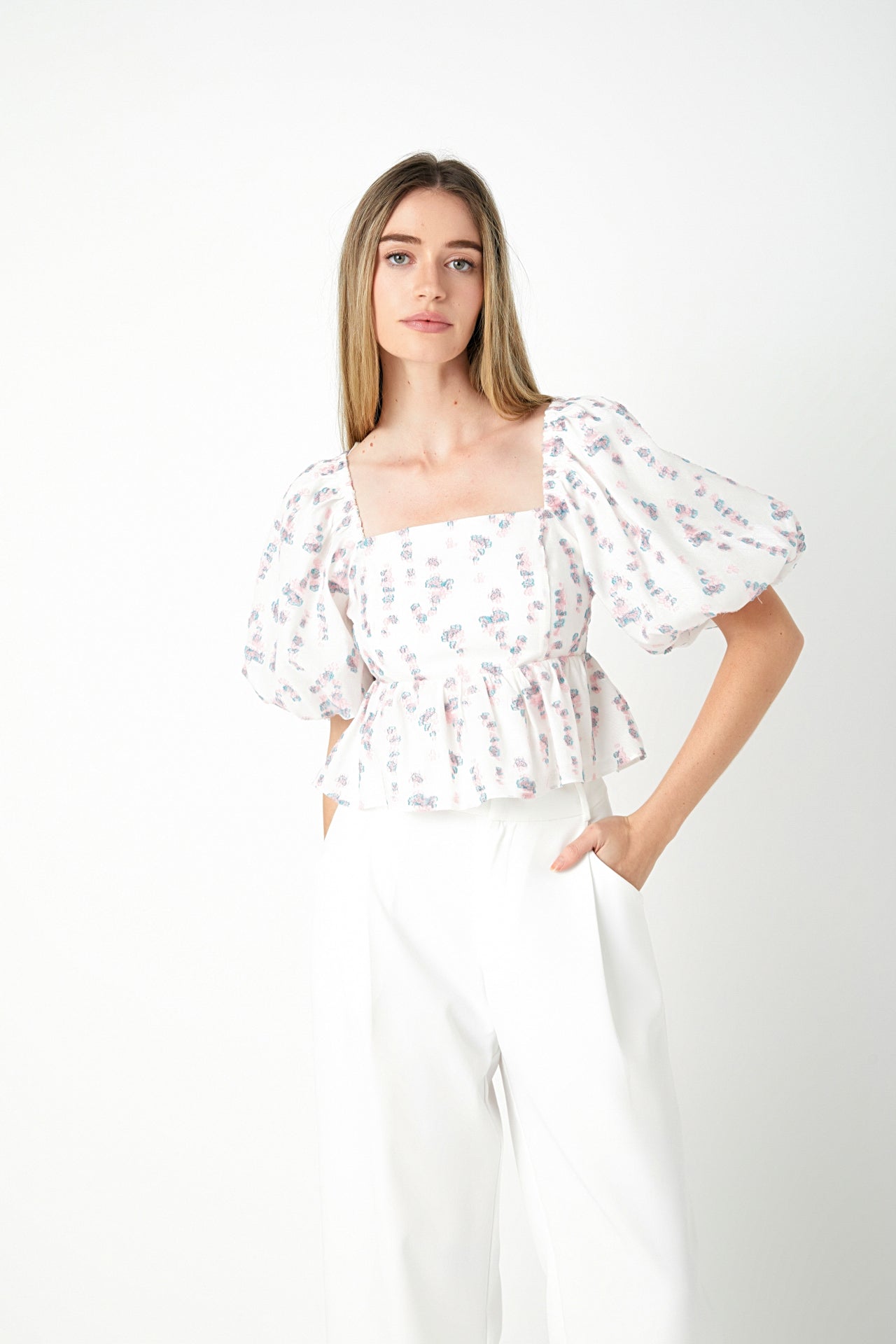 ENDLESS ROSE - Blouson Sleeve Floral Textured Top - TOPS available at Objectrare
