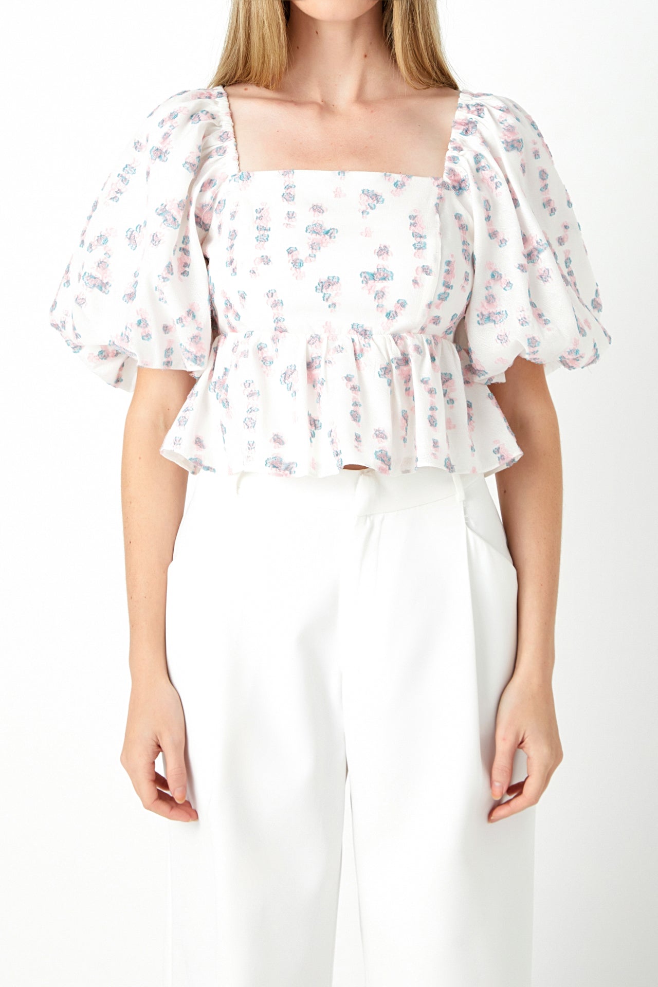 ENDLESS ROSE - Blouson Sleeve Floral Textured Top - TOPS available at Objectrare