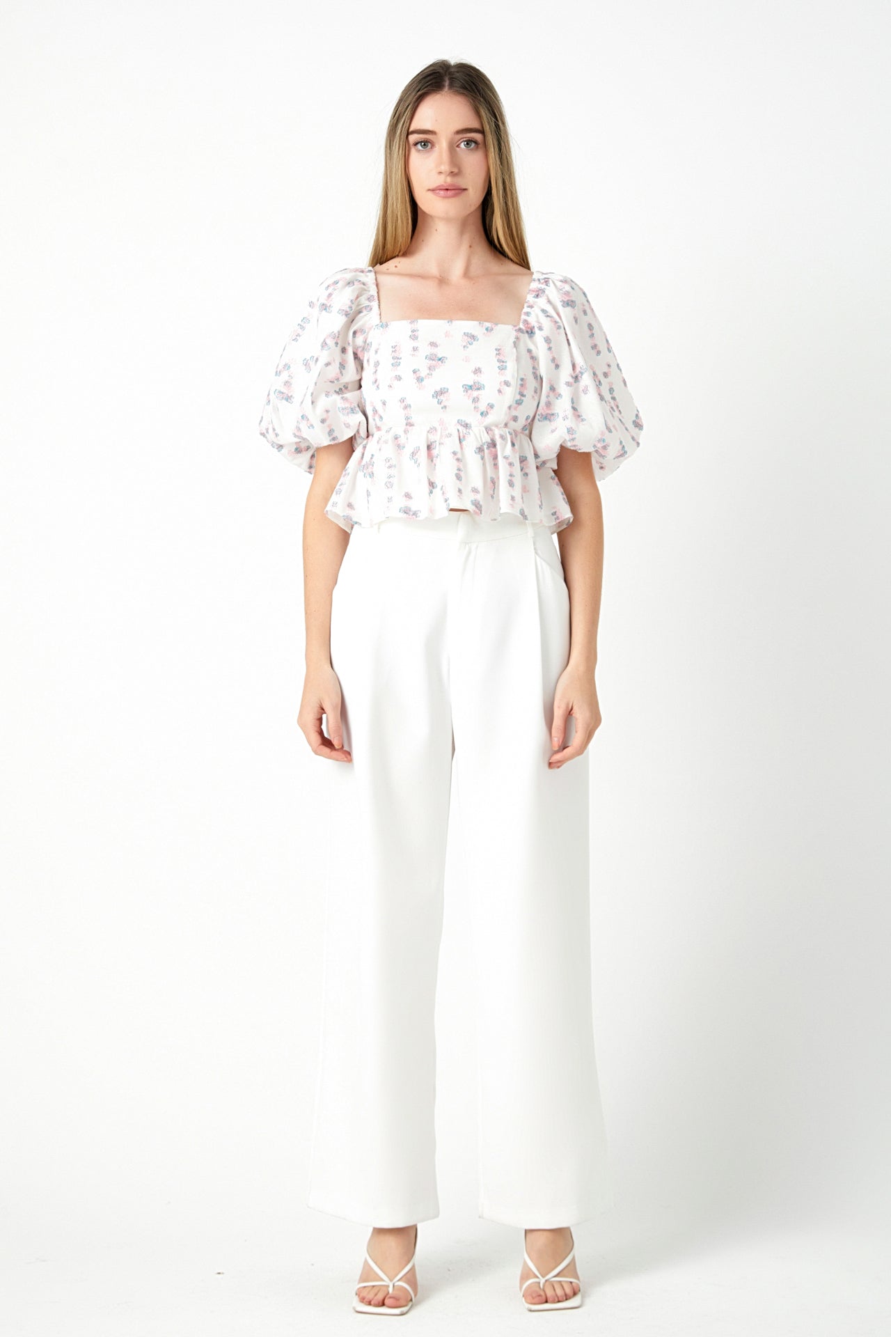 ENDLESS ROSE - Blouson Sleeve Floral Textured Top - TOPS available at Objectrare