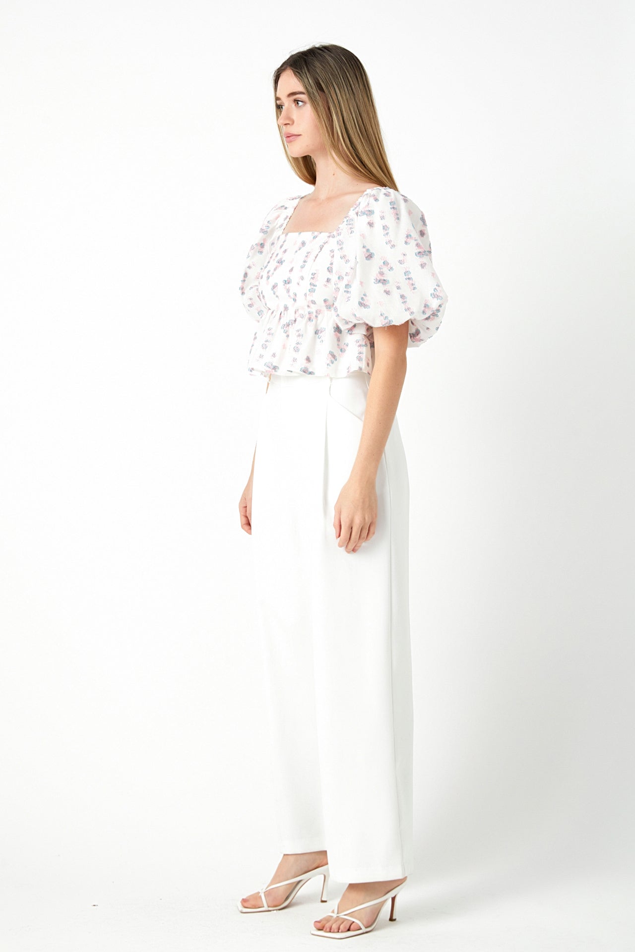ENDLESS ROSE - Blouson Sleeve Floral Textured Top - TOPS available at Objectrare