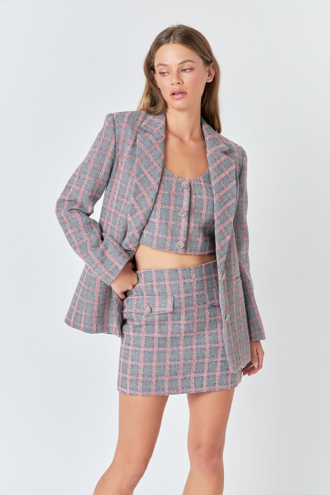 ENDLESS ROSE - Checkered Tweed Single Breast Blazer - BLAZERS available at Objectrare