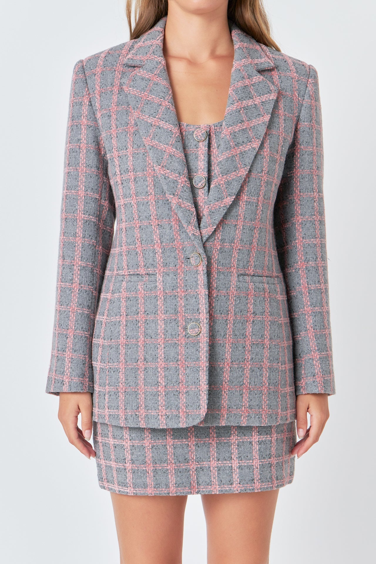 ENDLESS ROSE - Checkered Tweed Single Breast Blazer - BLAZERS available at Objectrare