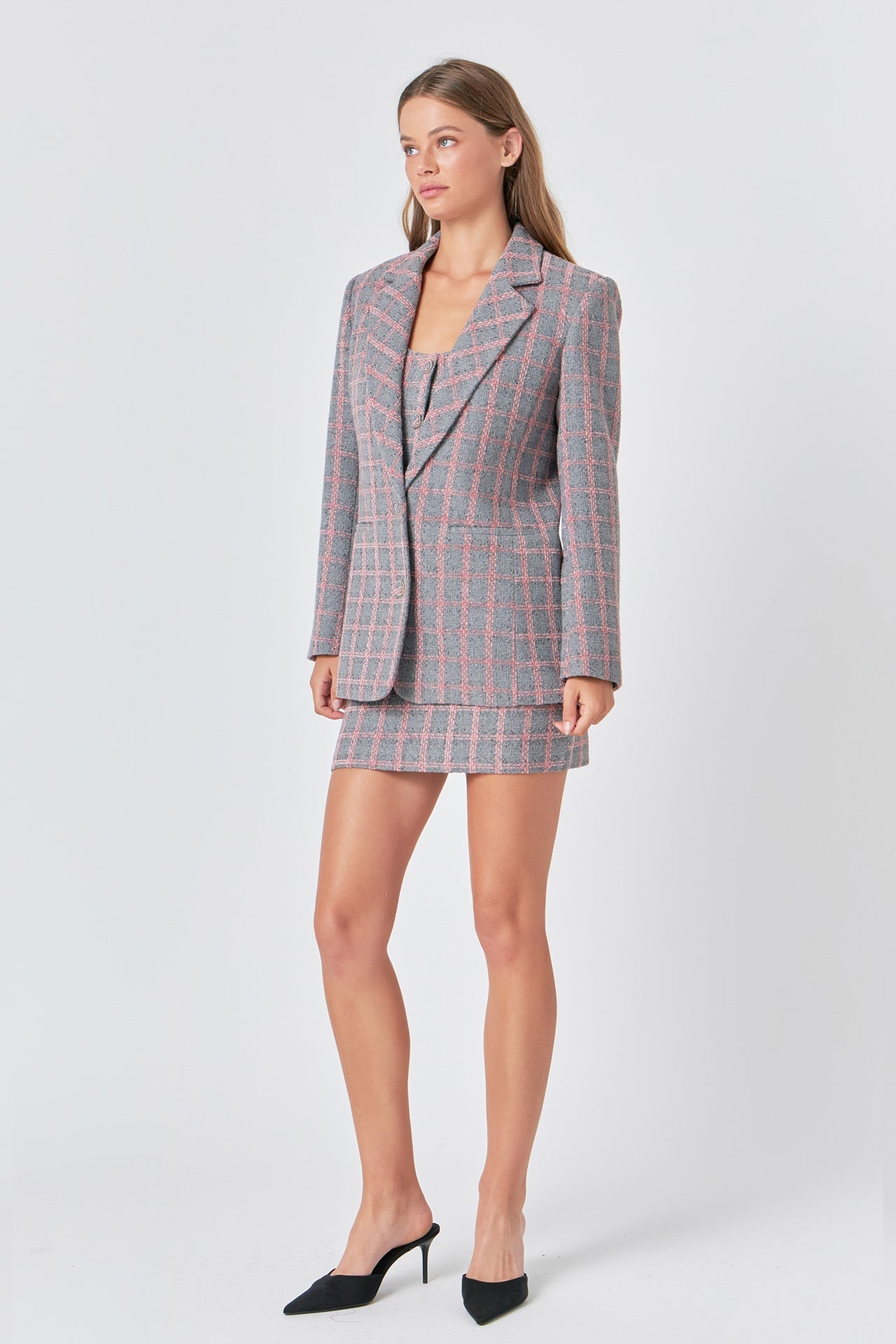 ENDLESS ROSE - Checkered Tweed Single Breast Blazer - BLAZERS available at Objectrare