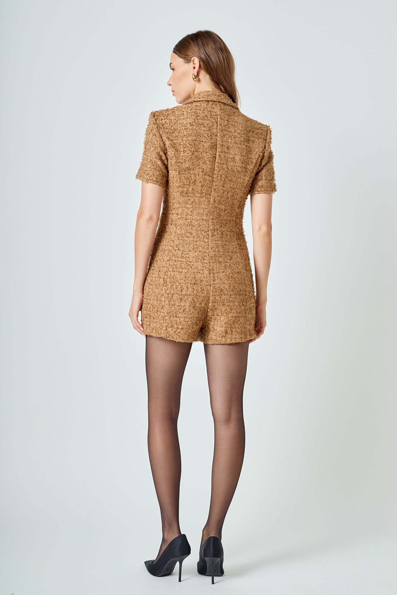 ENDLESS ROSE - Short Sleeve Tweed Romper - ROMPERS available at Objectrare