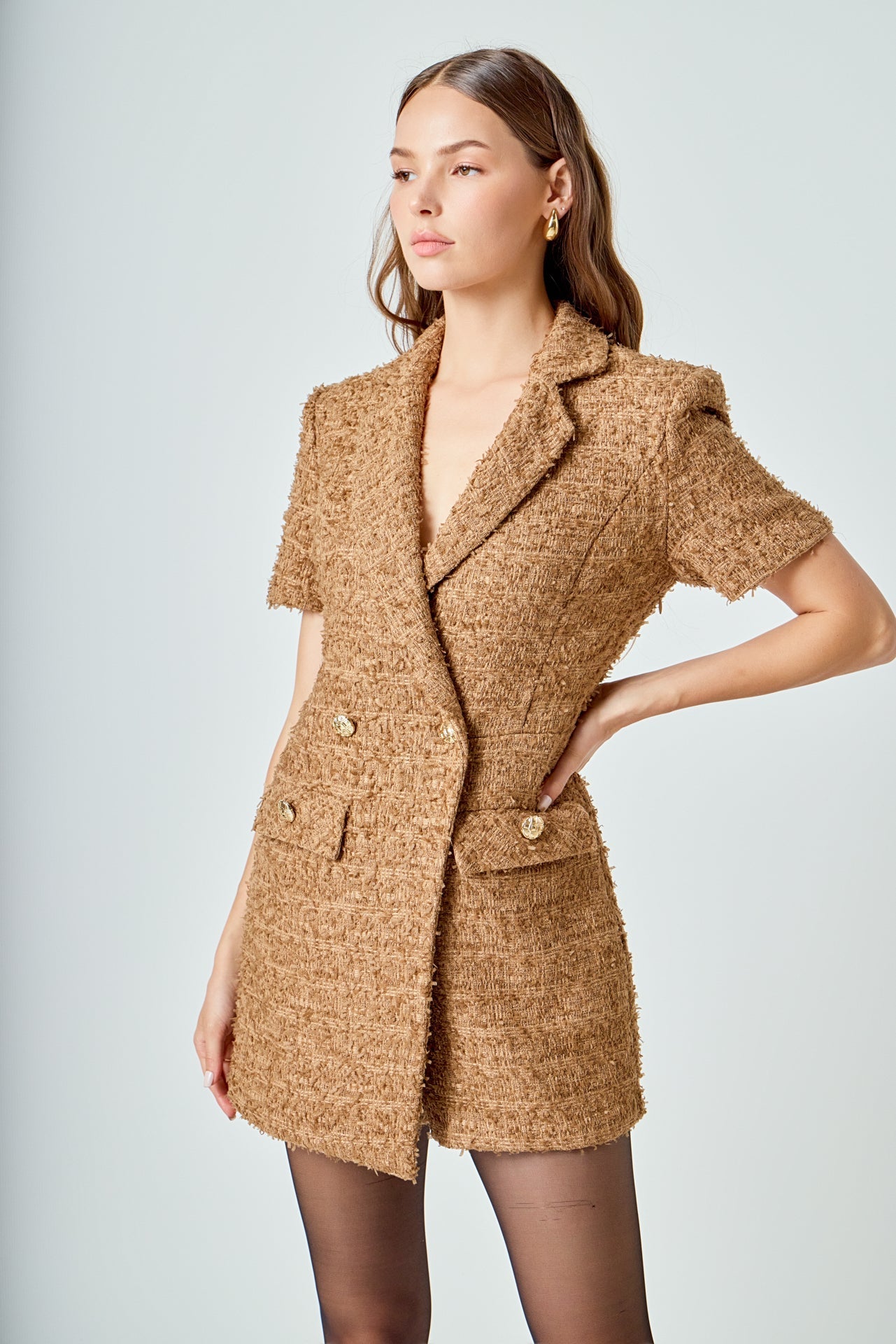 ENDLESS ROSE - Short Sleeve Tweed Romper - ROMPERS available at Objectrare