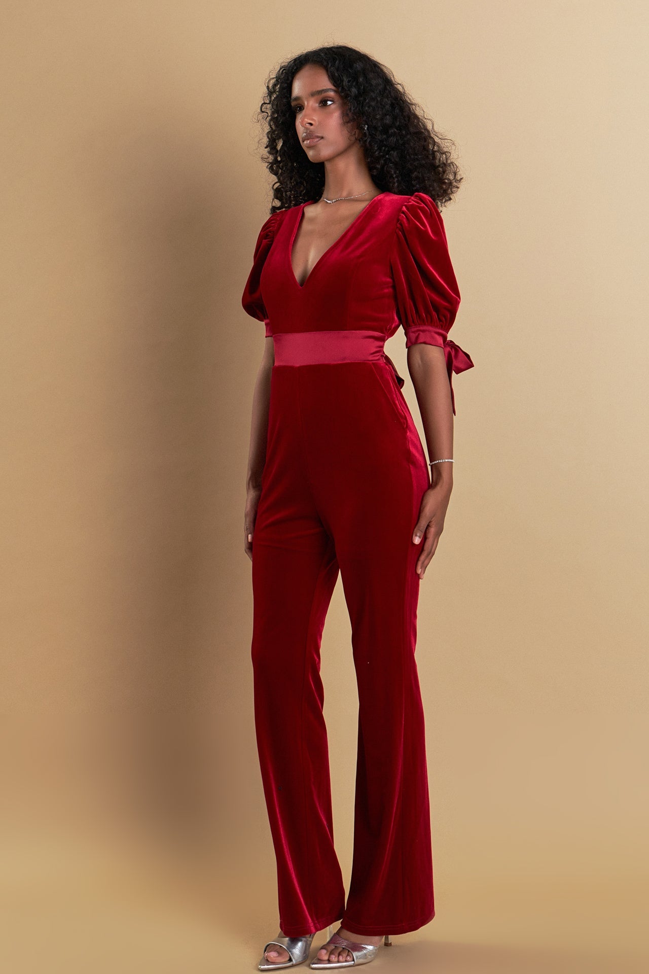 ENDLESS ROSE - Bow Tie Sleeve Velvet Jumpsuit - JUMPSUITS available at Objectrare